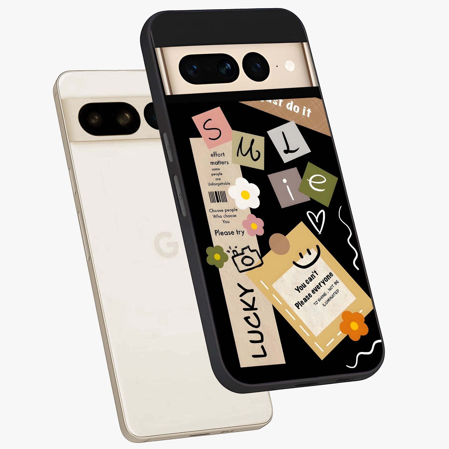Lucky Aesthetic Collage Glass Case displayed in angled mockup highlighting stylish collage pattern with modern aesthetic vibe.