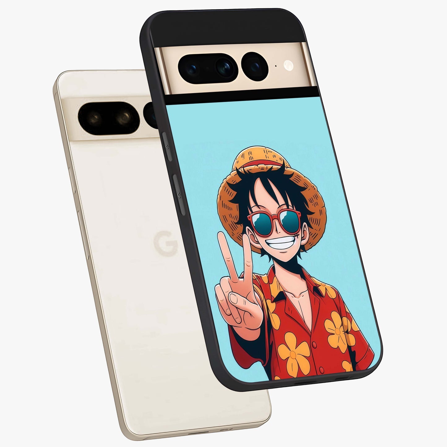 Luffy Summer Anime Vibe Glass Case displayed in angled mockup highlighting energetic anime illustration with summer vibe aesthetic.