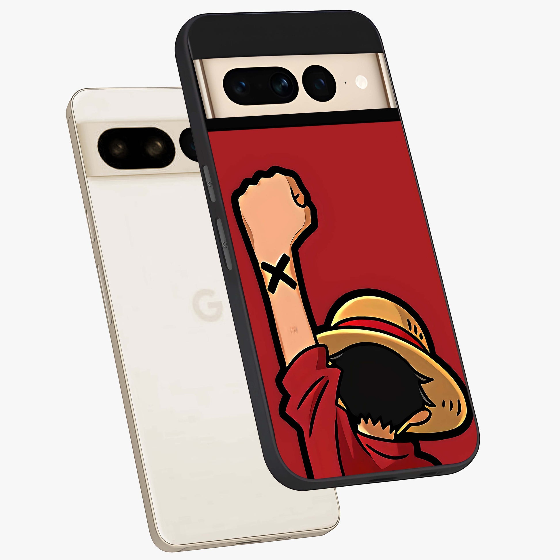 Luffy X Spirit Glass Case displayed in angled mockup highlighting powerful anime design with energetic action aesthetic.