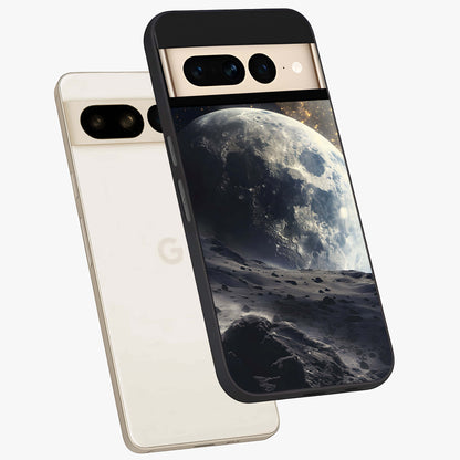 Lunar Horizon Glow Glass Case displayed in angled mockup highlighting celestial moon design with dreamy night aesthetic.