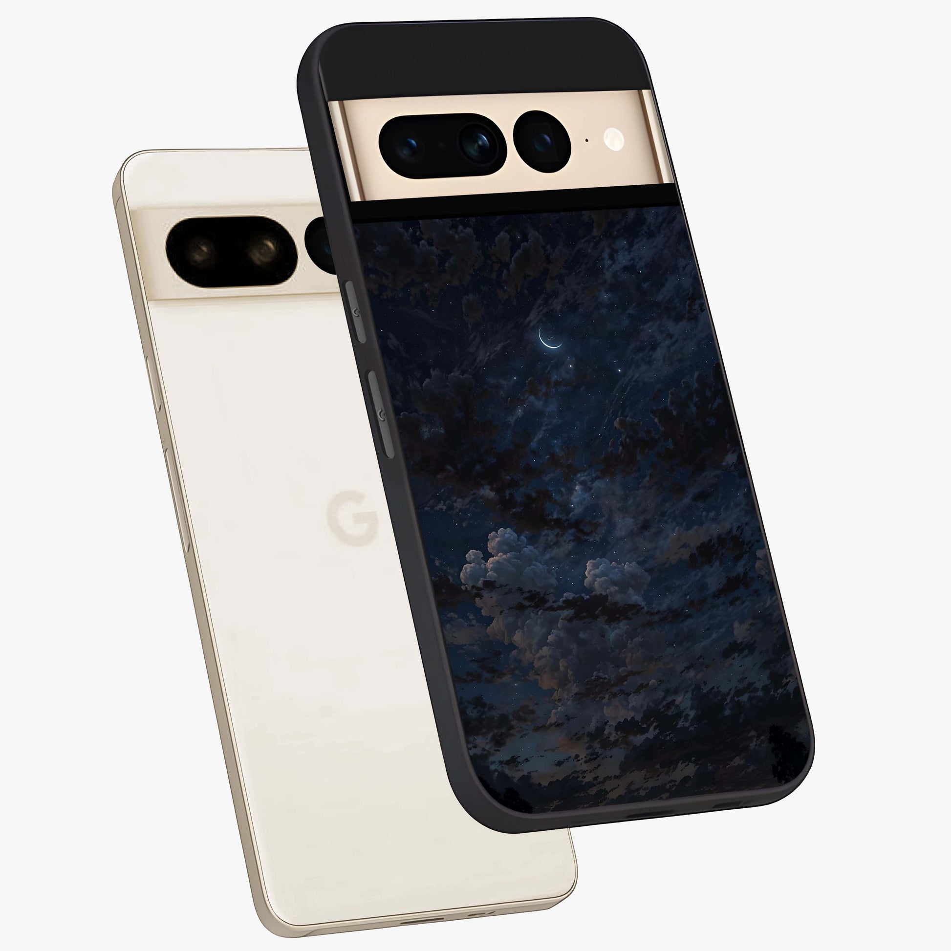Lunar Veil Silence Glass Case displayed in angled mockup highlighting soft lunar design with peaceful celestial aesthetic.