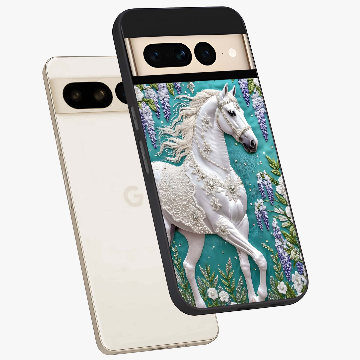 Majestic Floral Stallion Glass Case displayed in angled mockup highlighting majestic stallion illustration with elegant floral aesthetic.