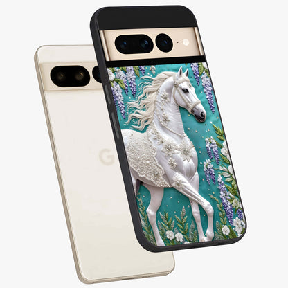 Majestic Floral Stallion Glass Case displayed in angled mockup highlighting majestic stallion illustration with elegant floral aesthetic.