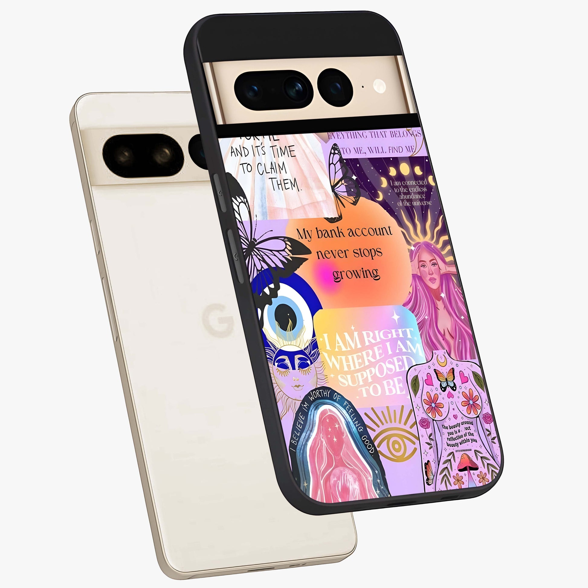 Manifestation Collage Glass Case displayed in angled mockup highlighting inspirational aesthetic collage design.
