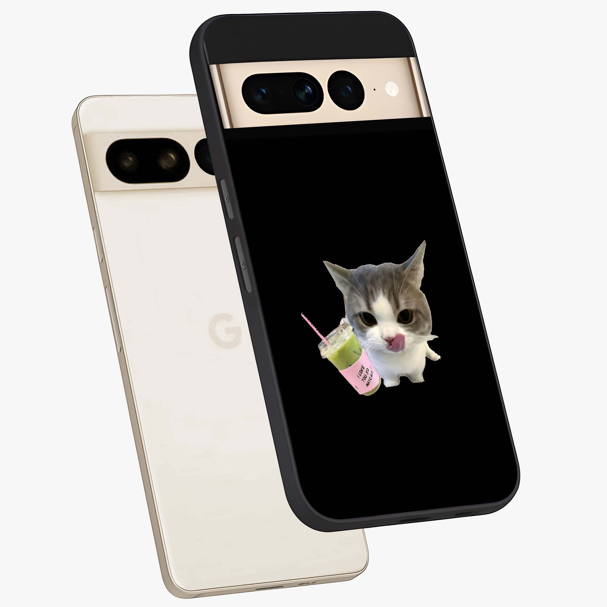 Matcha Cat Style Glass Case displayed in angled mockup highlighting playful feline design with pastel matcha aesthetic.