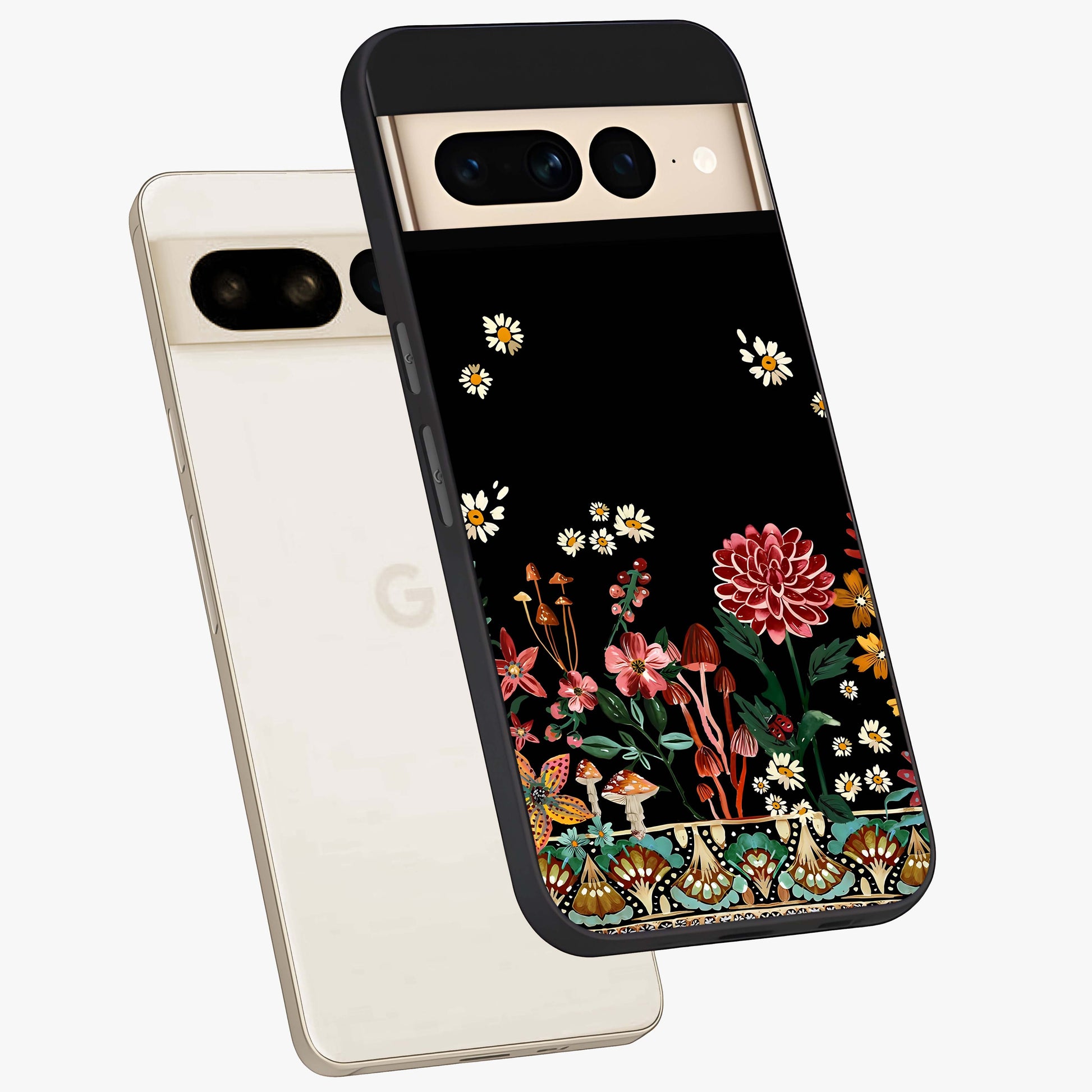 Midnight Bloom Pattern Glass Case displayed in angled mockup highlighting elegant flower design with midnight aesthetic style.