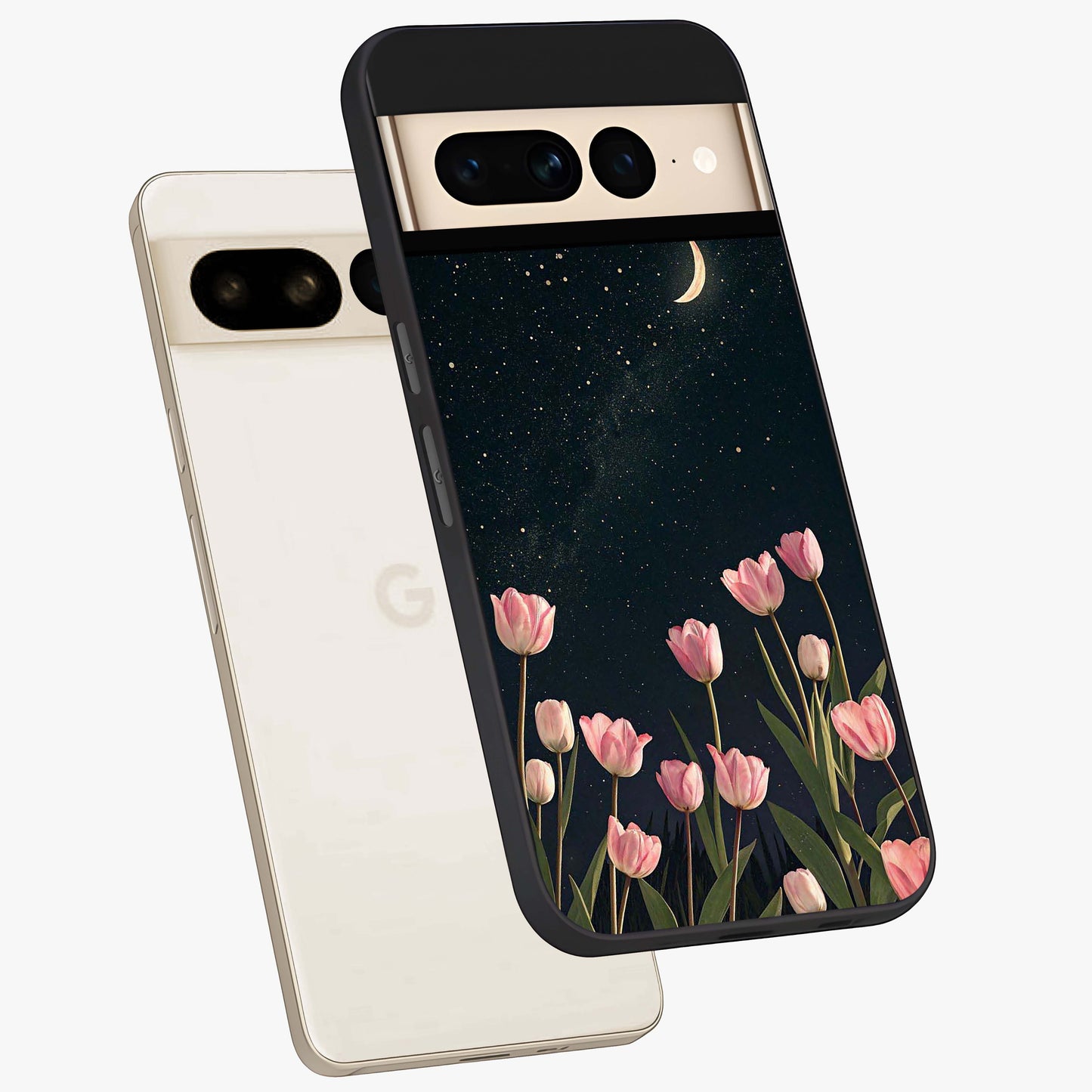 Midnight Tulip Whispers Vibe Glass Case displayed in angled mockup highlighting delicate tulip design with midnight floral aesthetic.