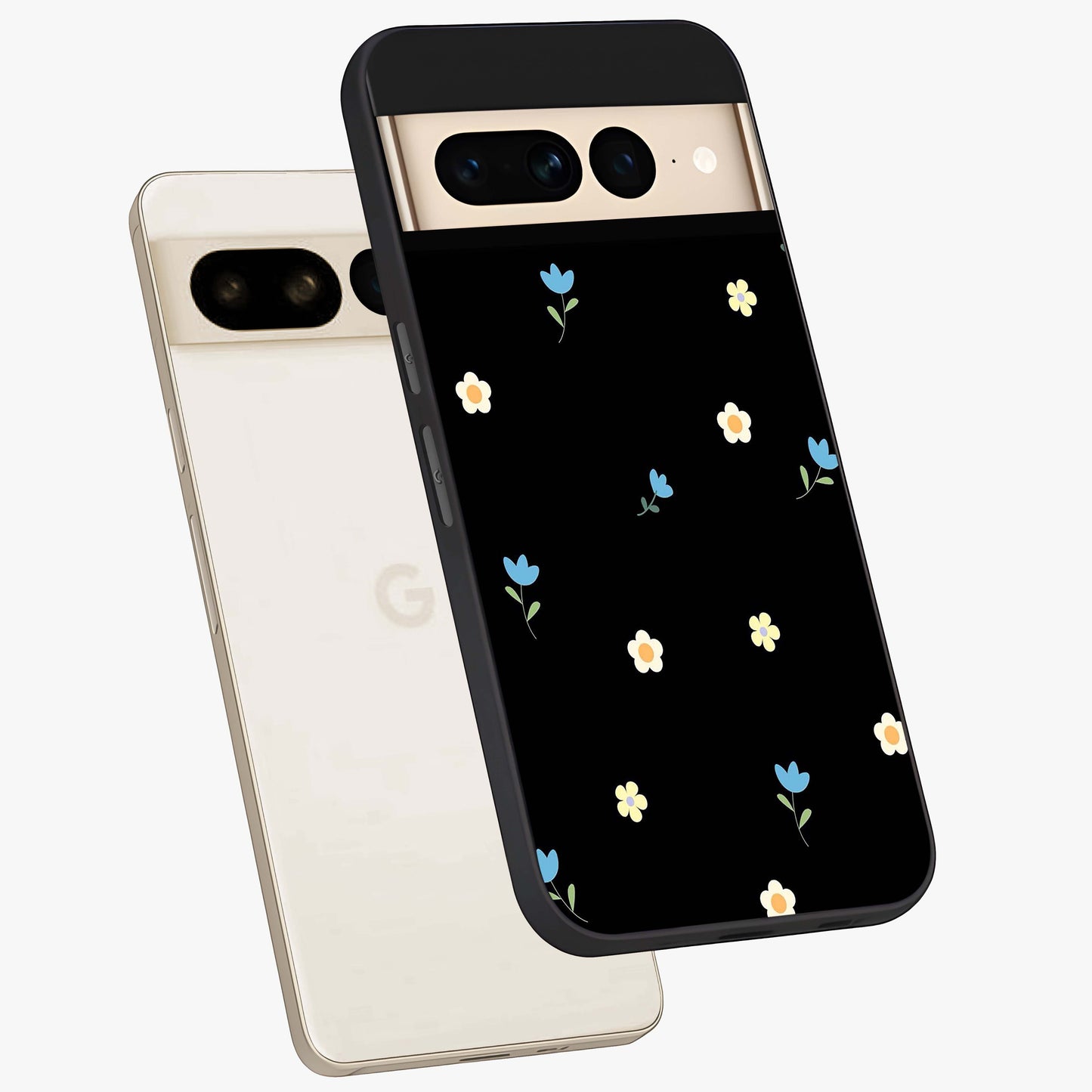 Minimal Petal Whispers Glass Case displayed in angled mockup highlighting delicate petal design with clean minimal aesthetic.