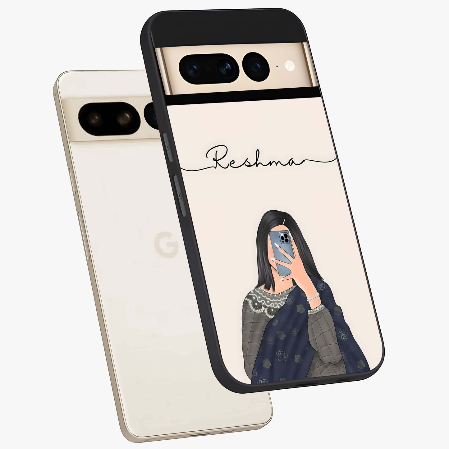 Mirror Mood Muse With Custom Name Glass Case displayed in angled mockup highlighting aesthetic mirror inspired design with custom name feature.
