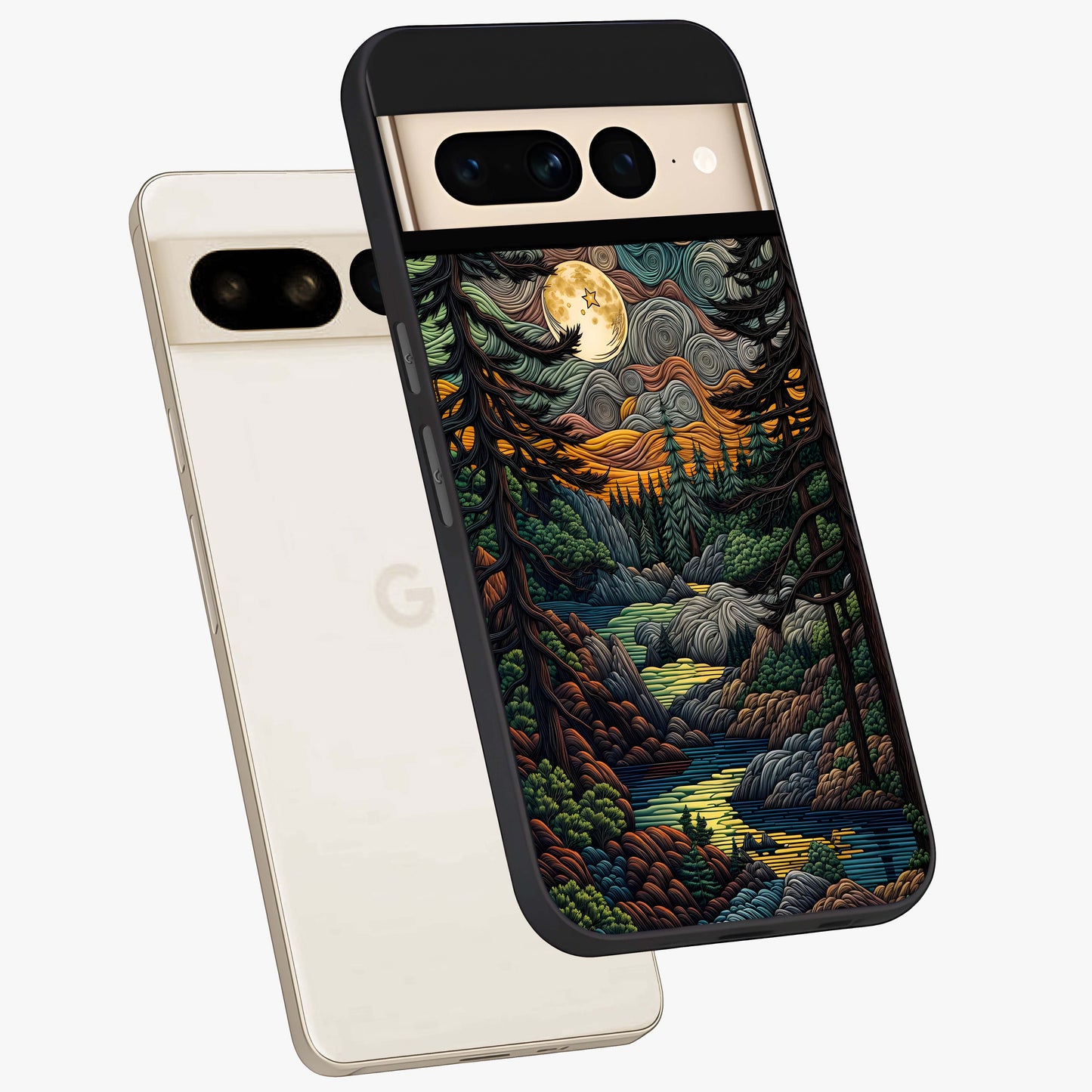 Moonlight Forest Dream Glass Case displayed in angled mockup highlighting dreamy forest design with glowing moon aesthetic.