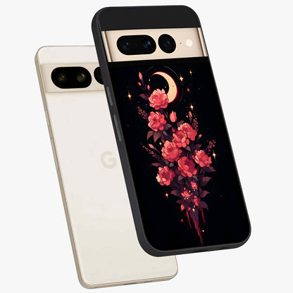 Moonlit Floral Elegance Glass Case displayed in angled mockup highlighting graceful flower design with soft moonlight aesthetic.