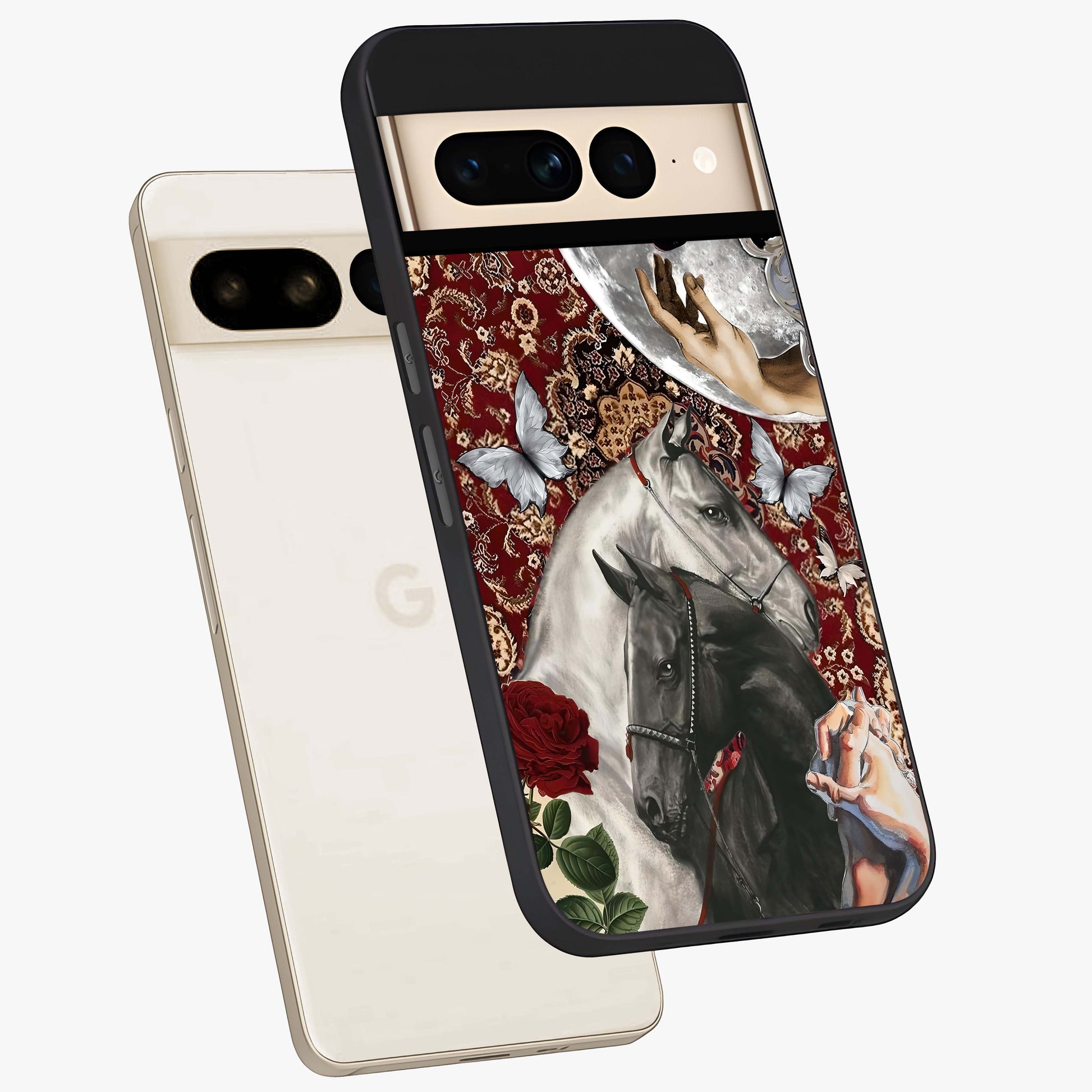 Moonlit Royal Stallion Glass Case displayed in angled mockup highlighting powerful stallion illustration with royal night aesthetic.
