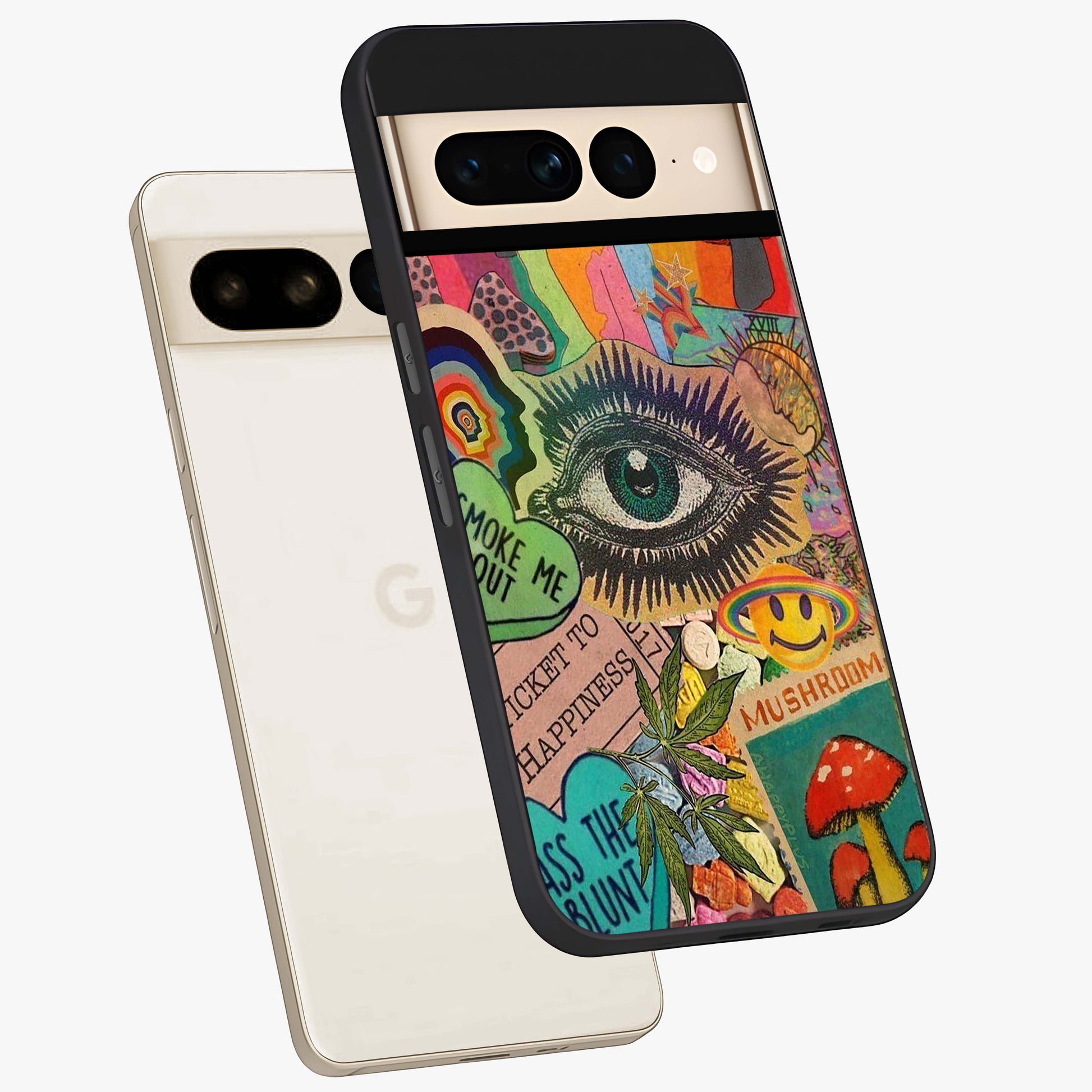Mystic Eye Wonderland Glass Case displayed in angled mockup highlighting magical eye illustration with dreamy aesthetic.