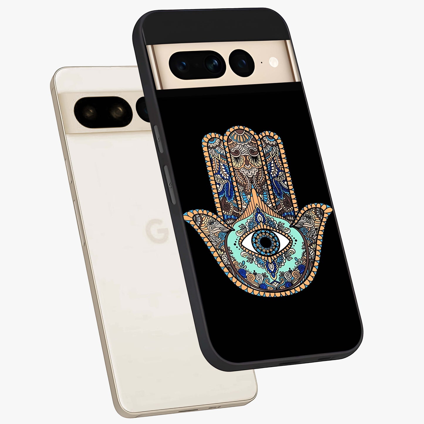 Mystic Hamsa Eye Glass Case displayed in angled mockup highlighting spiritual hamsa symbol with mystical aesthetic style.