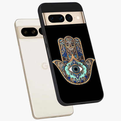 Mystic Hamsa Eye Glass Case displayed in angled mockup highlighting spiritual hamsa symbol with mystical aesthetic style.