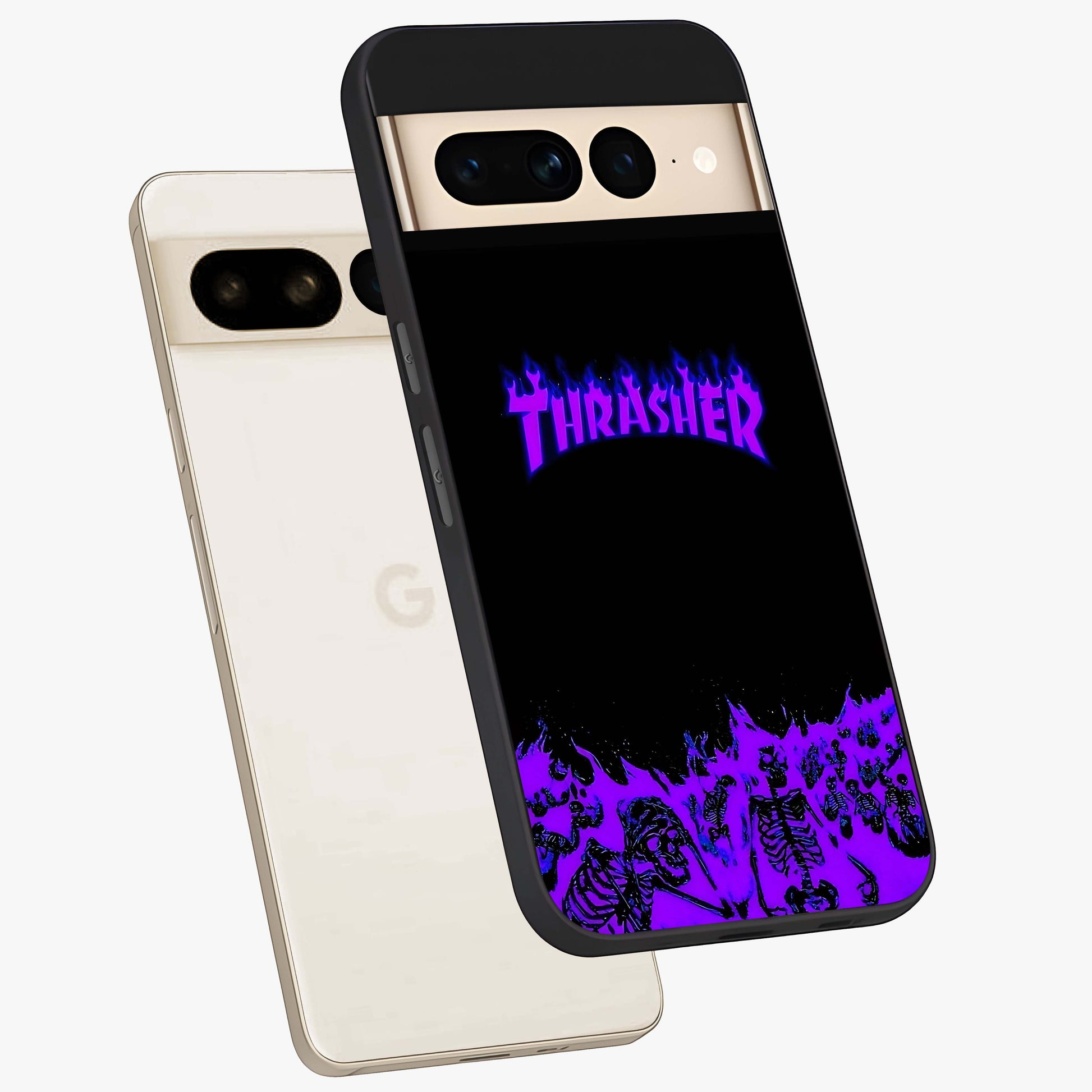Neon Flame Riot Glass Case displayed in angled mockup highlighting glowing flame design with vibrant neon aesthetic.