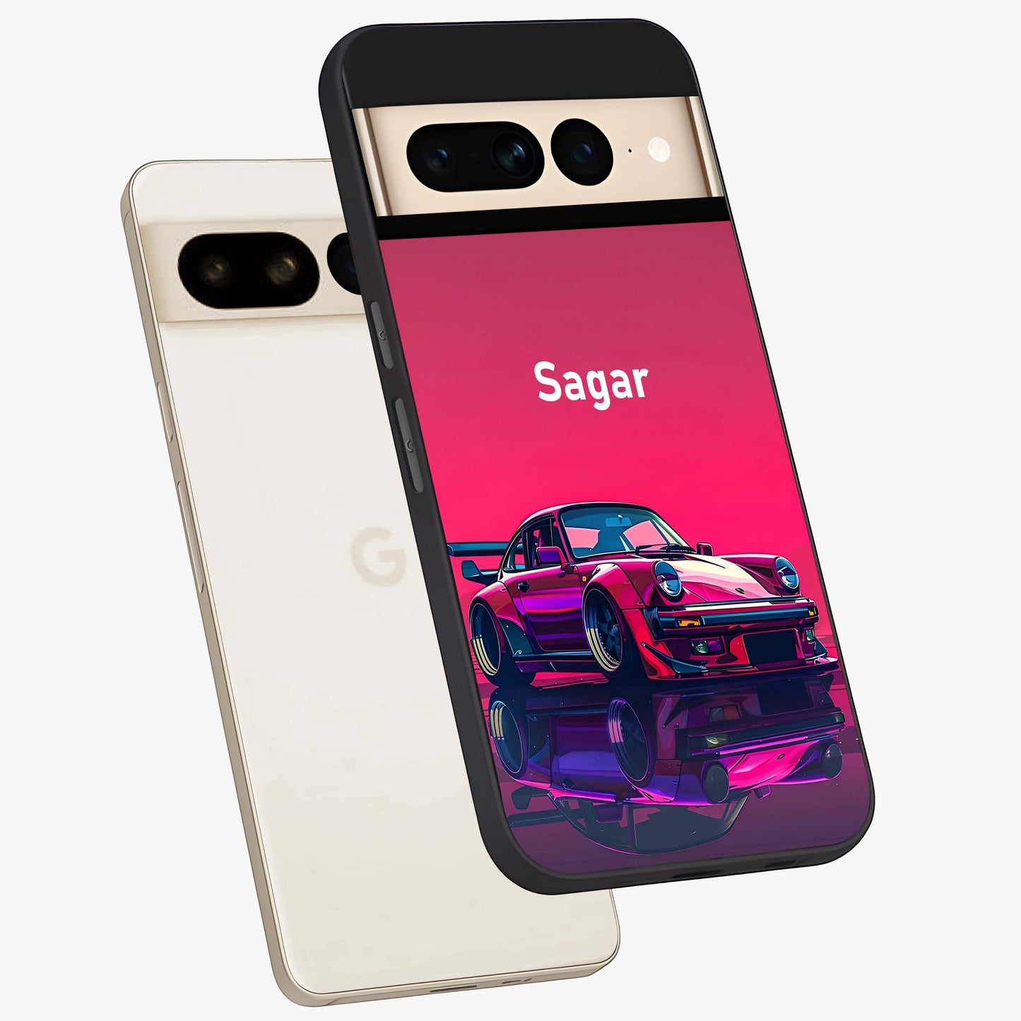 Neon Pink Porsche Glass Case displayed in angled mockup highlighting sleek neon pink car design with racing aesthetic.