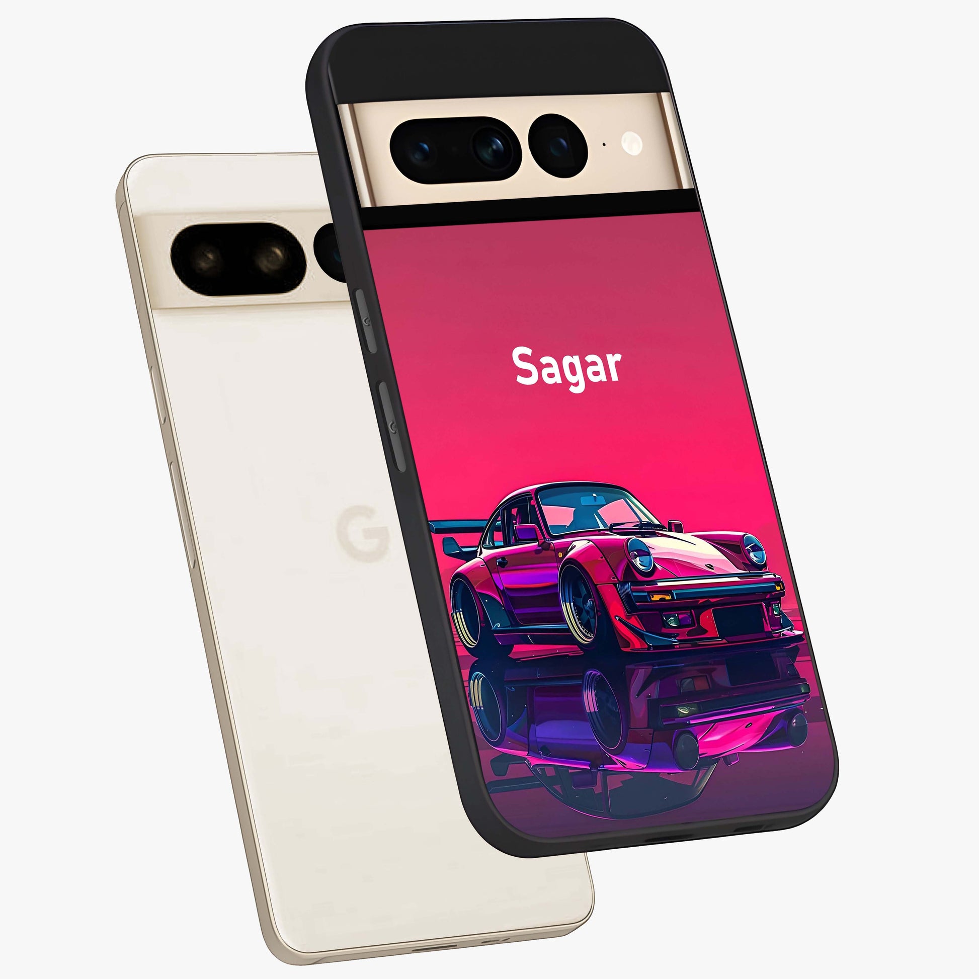 Neon Pink Porsche Glass Case displayed in angled mockup highlighting sleek neon pink car design with racing aesthetic.