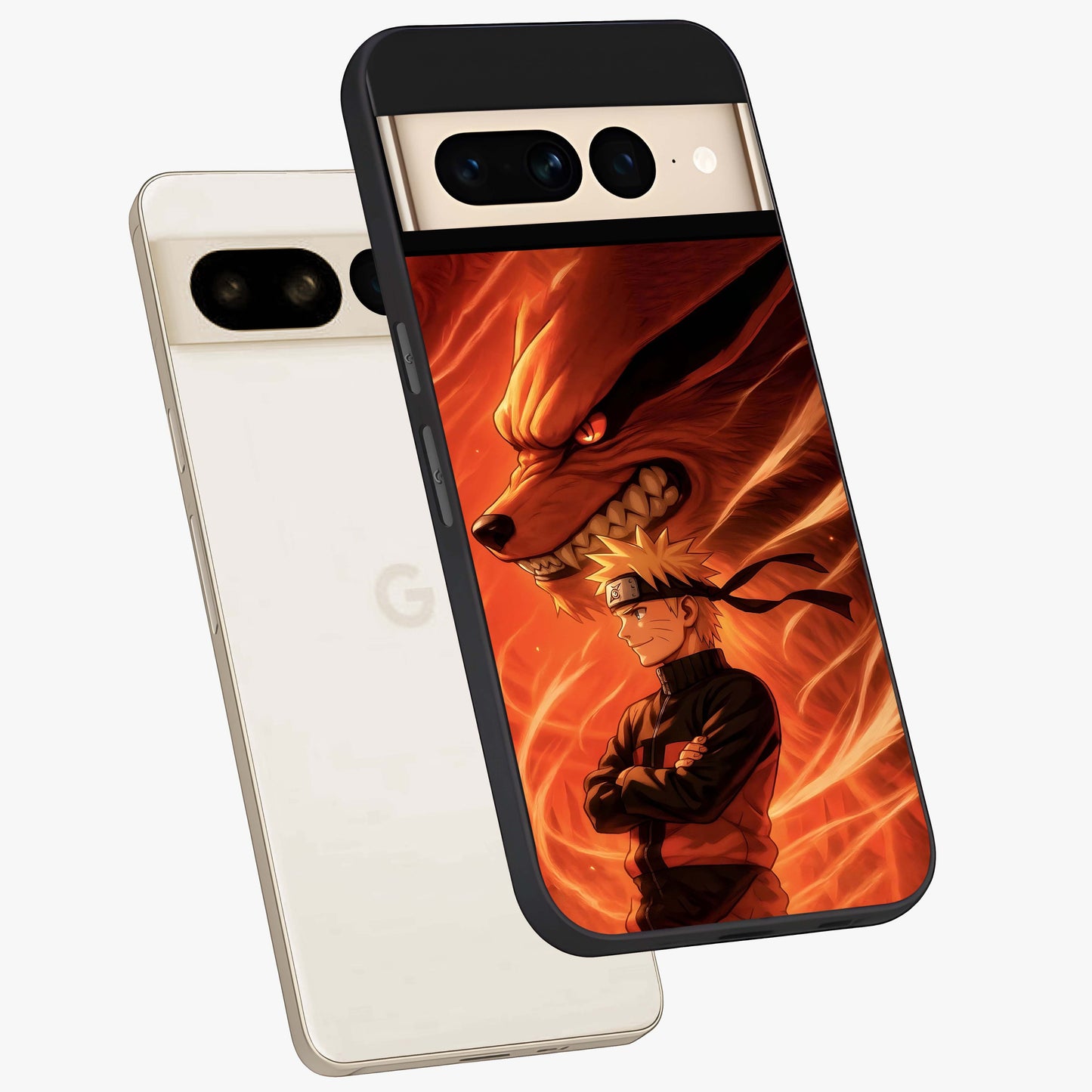 Nine Tails Legacy Glass Case displayed in angled mockup highlighting dynamic anime beast illustration with bold mystical aesthetic.