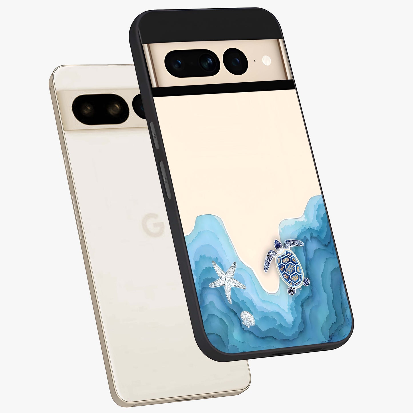 Ocean Drift Turtle Glass Case displayed in angled mockup highlighting peaceful ocean turtle illustration with marine aesthetic.