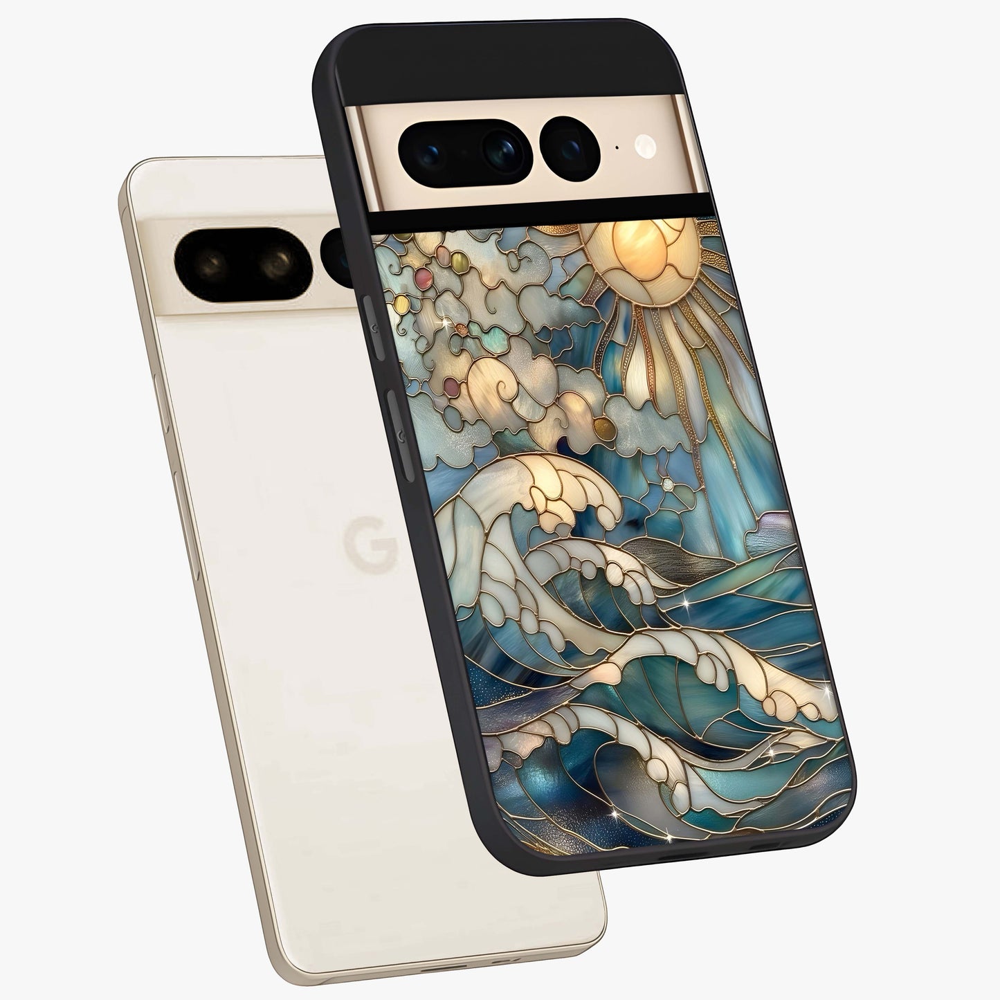 Oceanic Stained Printed Glass Case displayed in angled mockup highlighting colorful aquatic design with artistic aesthetic style.