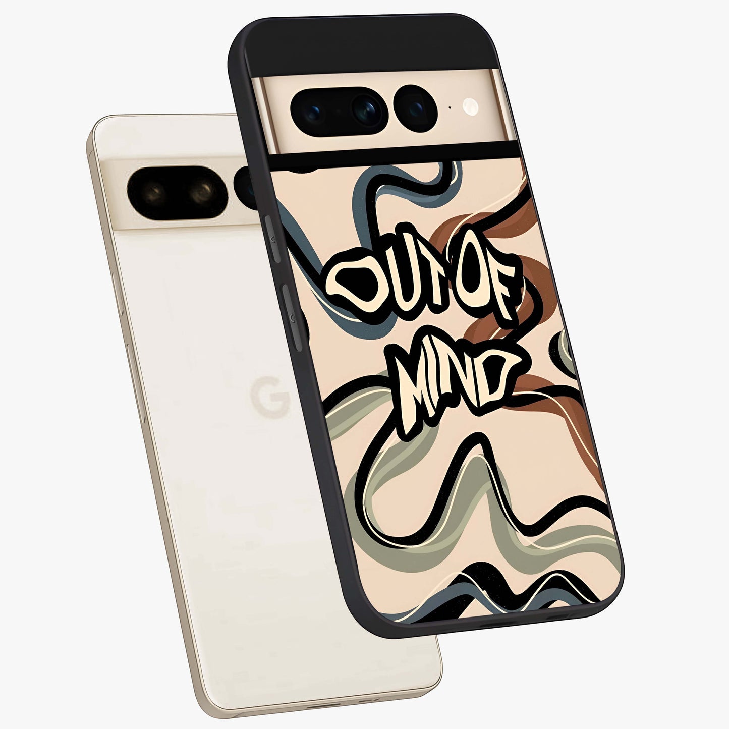 Out Of Mind Glass Case displayed in angled mockup highlighting bold statement design with modern artistic aesthetic.