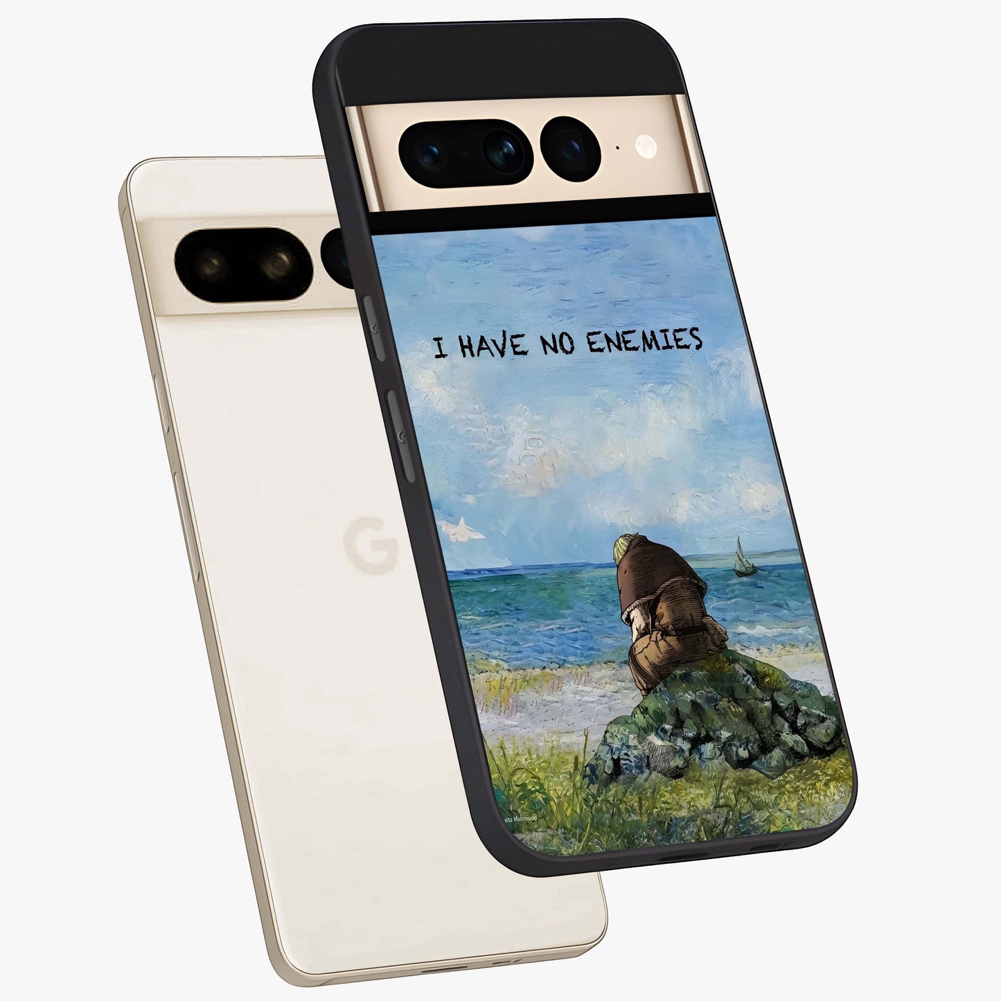Peace Beyond War Glass Case displayed in angled mockup highlighting meaningful message design with artistic aesthetic style.