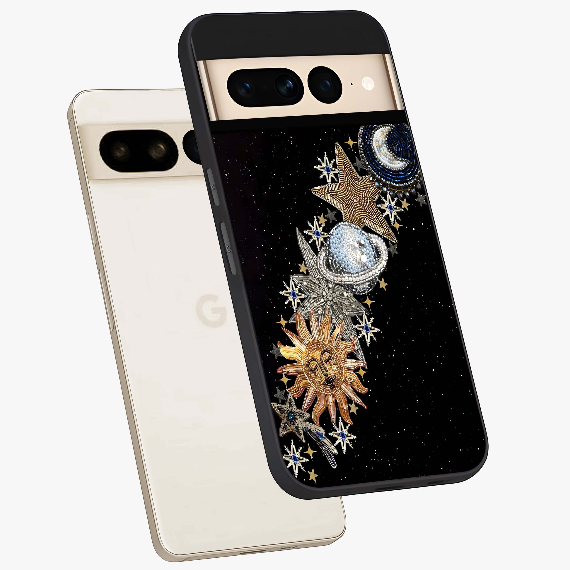 Pearls Universe Object Glass Case displayed in angled mockup highlighting celestial pearl design with dreamy aesthetic.