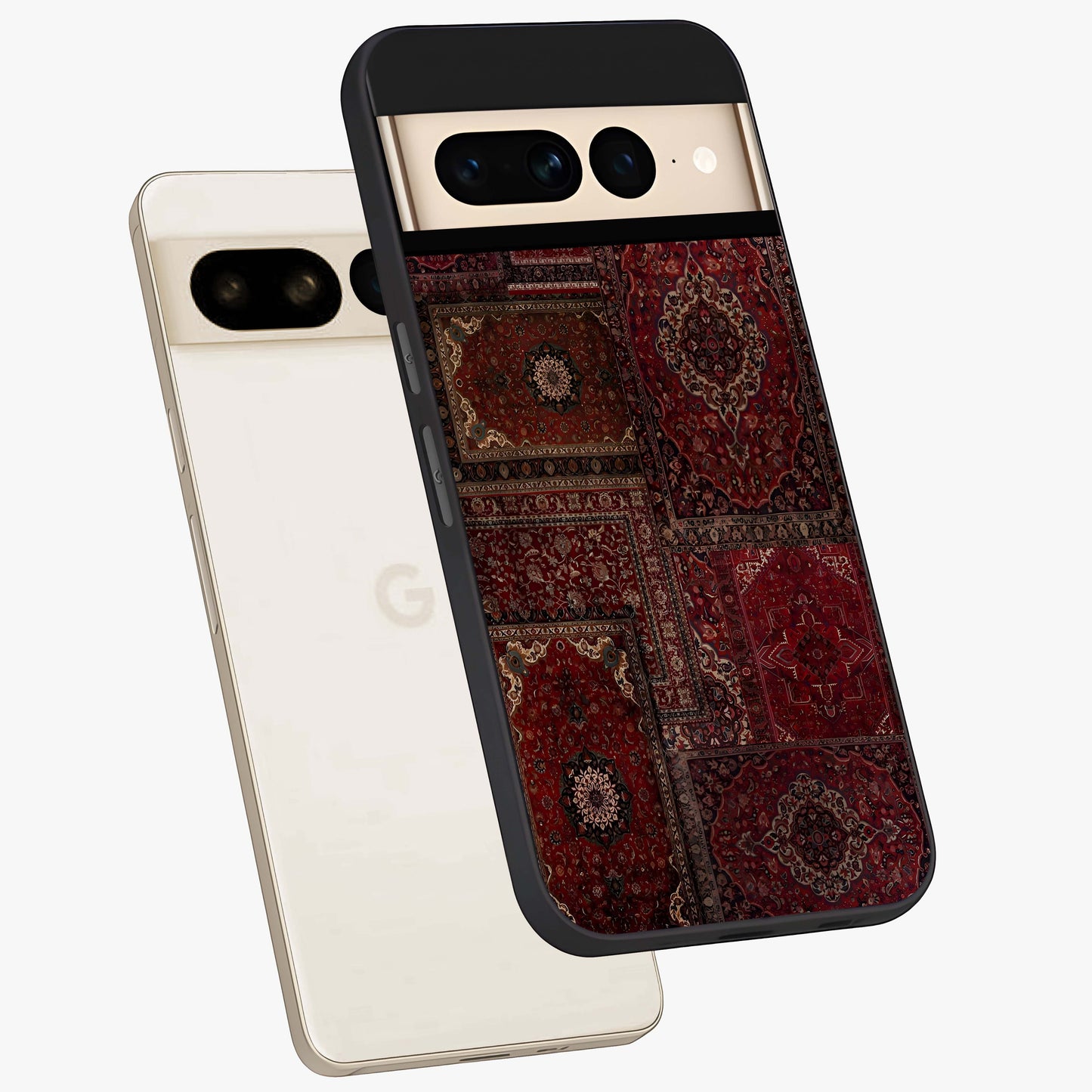 Persian Velvet Tale Glass Case displayed in angled mockup highlighting ornate textile inspired design with royal aesthetic.