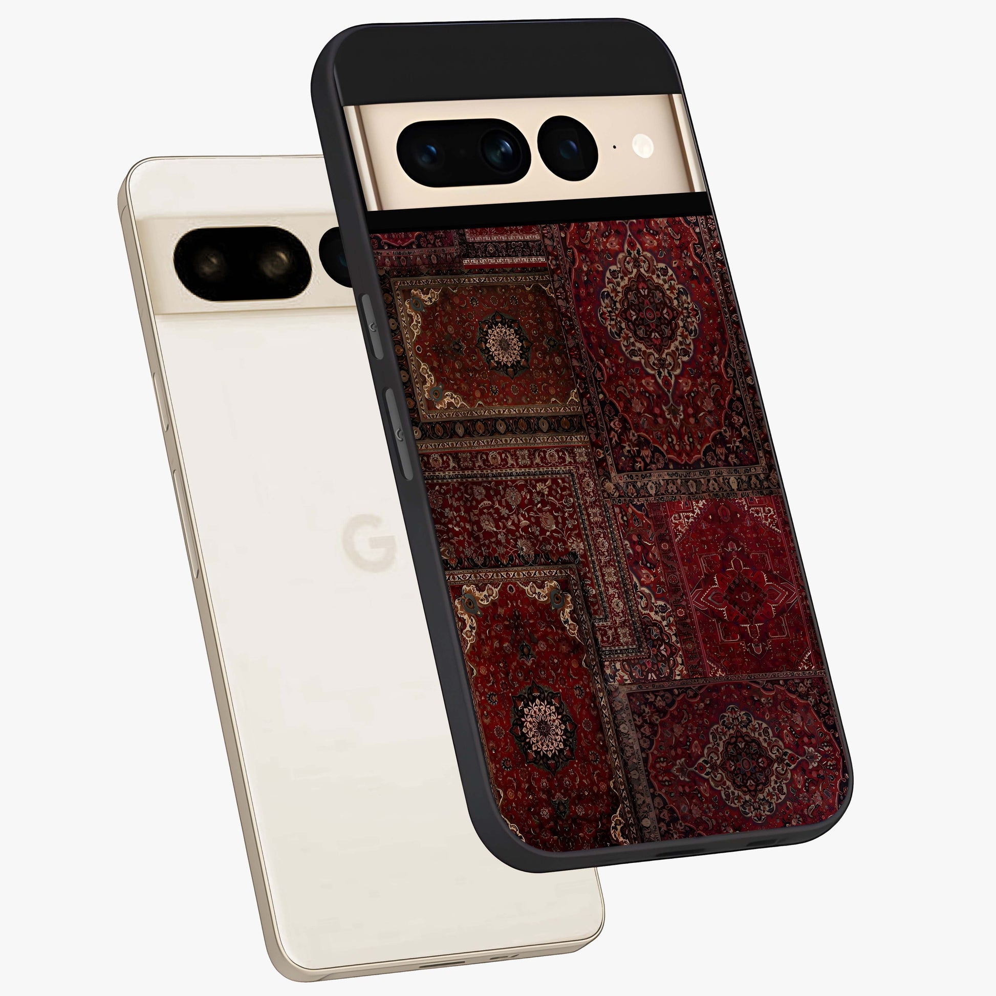 Persian Velvet Tale Glass Case displayed in angled mockup highlighting ornate textile inspired design with royal aesthetic.