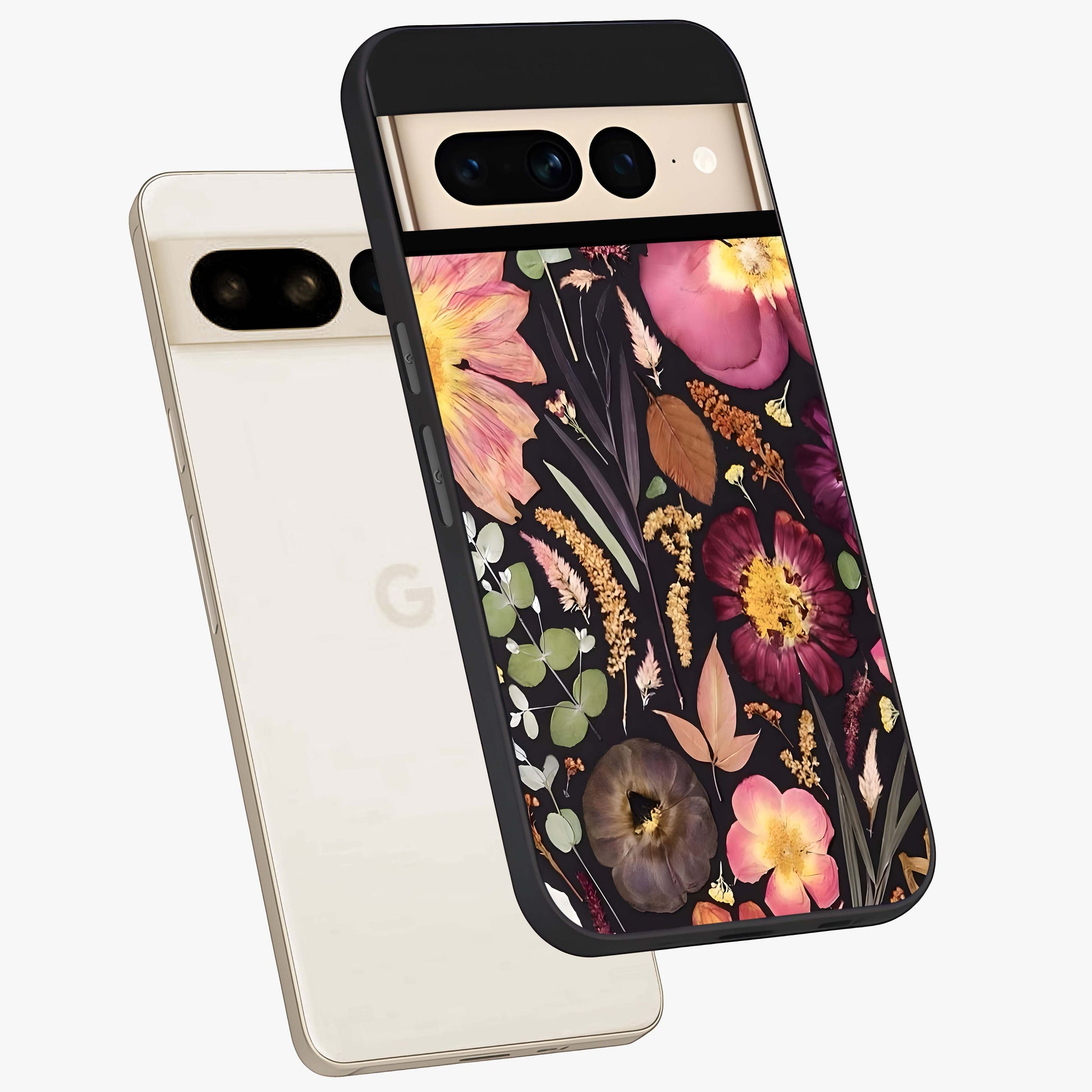 Petal Dream Tapestry Glass Case displayed in angled mockup highlighting decorative petal pattern with elegant botanical aesthetic.