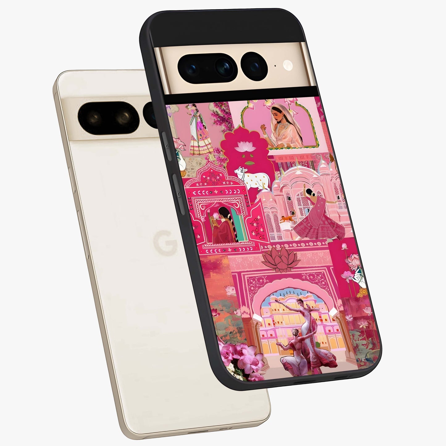 Pink Palace Muse Glass Case displayed in angled mockup highlighting dreamy palace illustration with soft pink aesthetic.