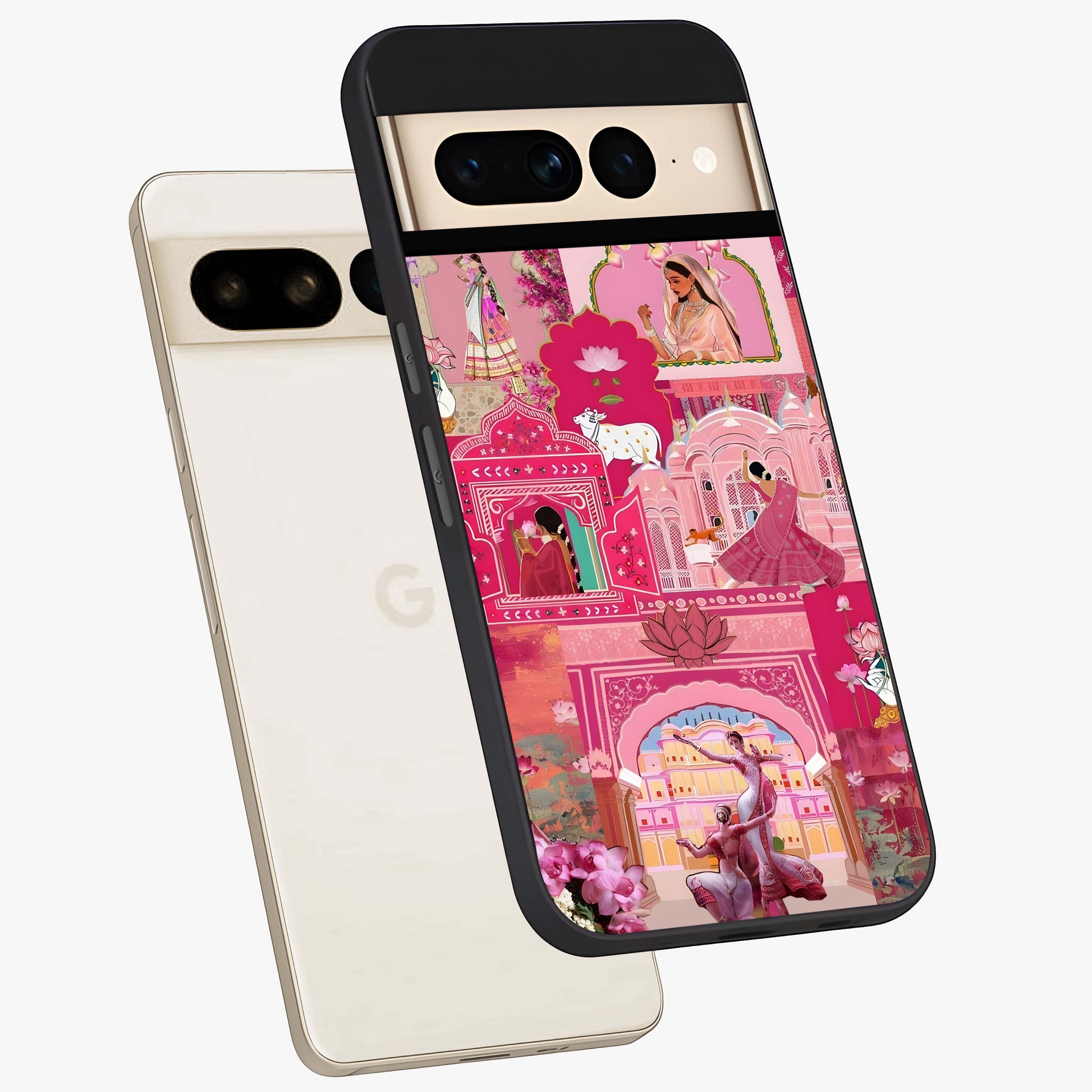 Pink Palace Muse Glass Case displayed in angled mockup highlighting dreamy palace illustration with soft pink aesthetic.