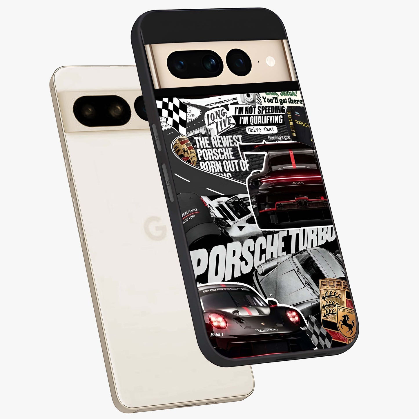 Porsche Racing Collage Glass Case displayed in angled mockup highlighting dynamic automotive design with bold racing aesthetic.