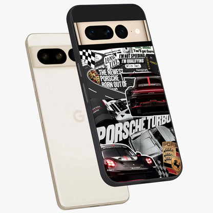 Porsche Racing Collage Glass Case displayed in angled mockup highlighting dynamic automotive design with bold racing aesthetic.