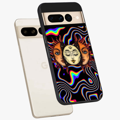 Psychedelic Sun Glass Case displayed in angled mockup highlighting vibrant abstract sun design with artistic aesthetic style.