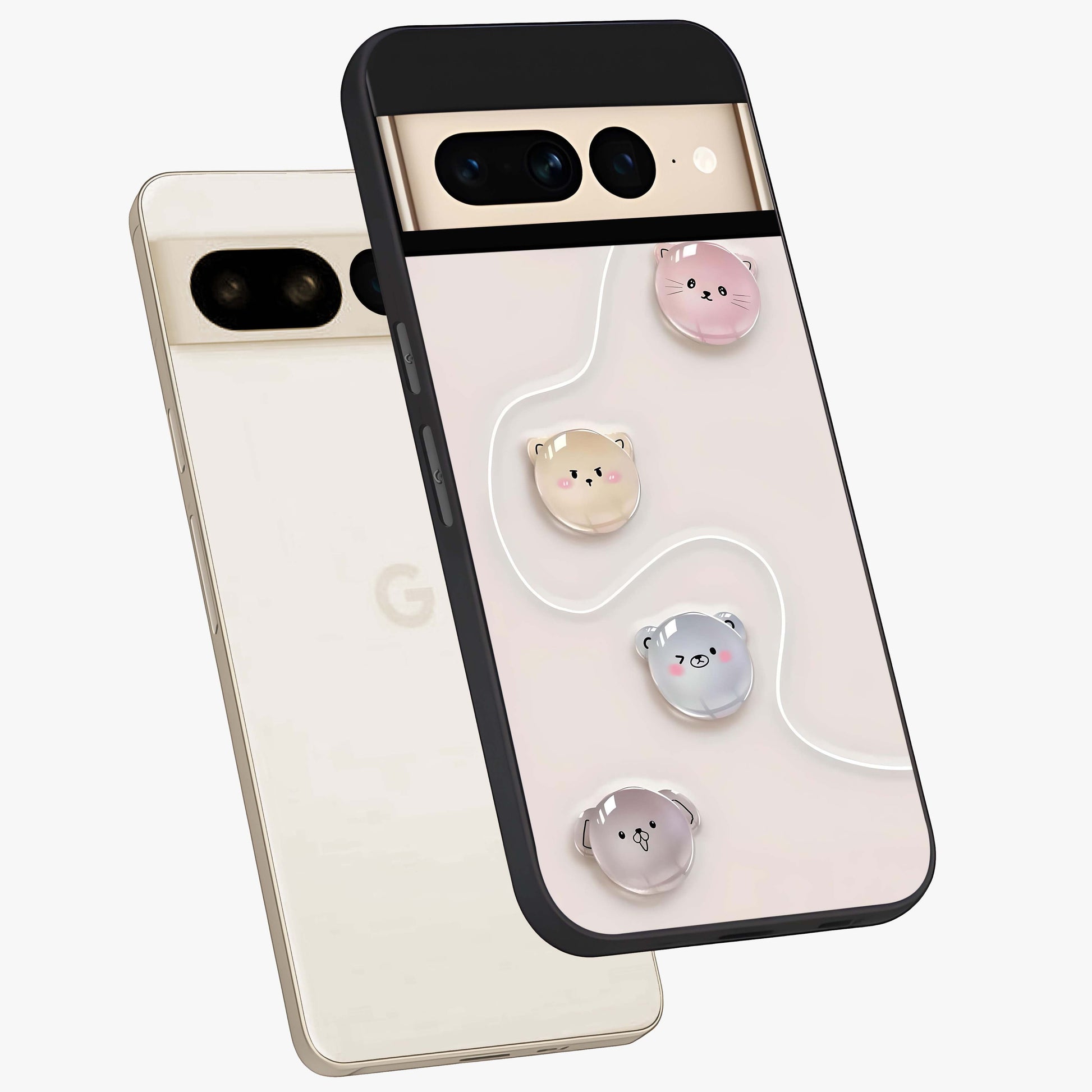 Puffy Face Parade Glass Case displayed in angled mockup highlighting playful cartoon face design with fun aesthetic.