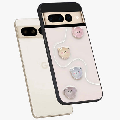 Puffy Face Parade Glass Case displayed in angled mockup highlighting playful cartoon face design with fun aesthetic.