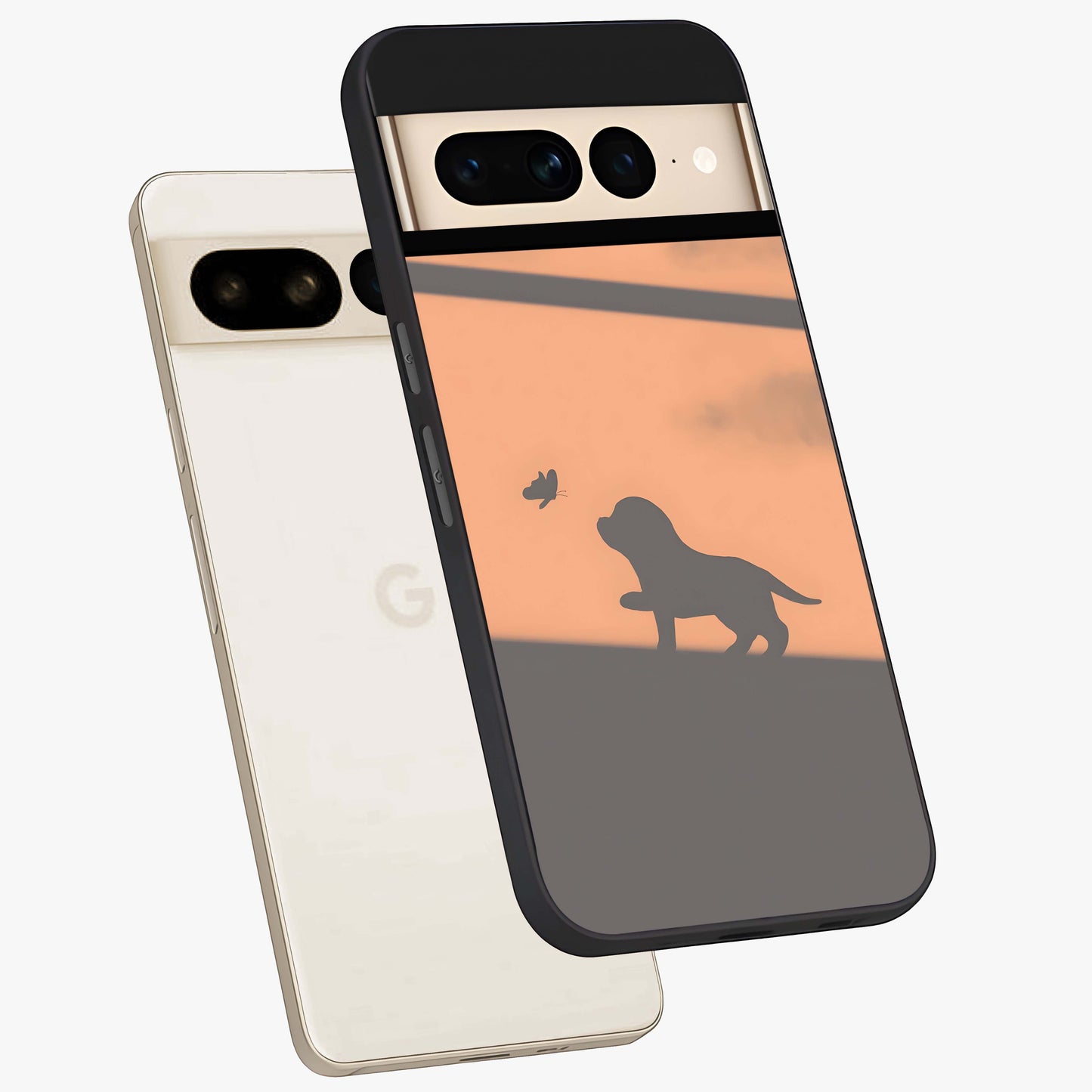 Puppy Shadow Art Glass Case displayed in angled mockup highlighting playful dog illustration with artistic shadow aesthetic.