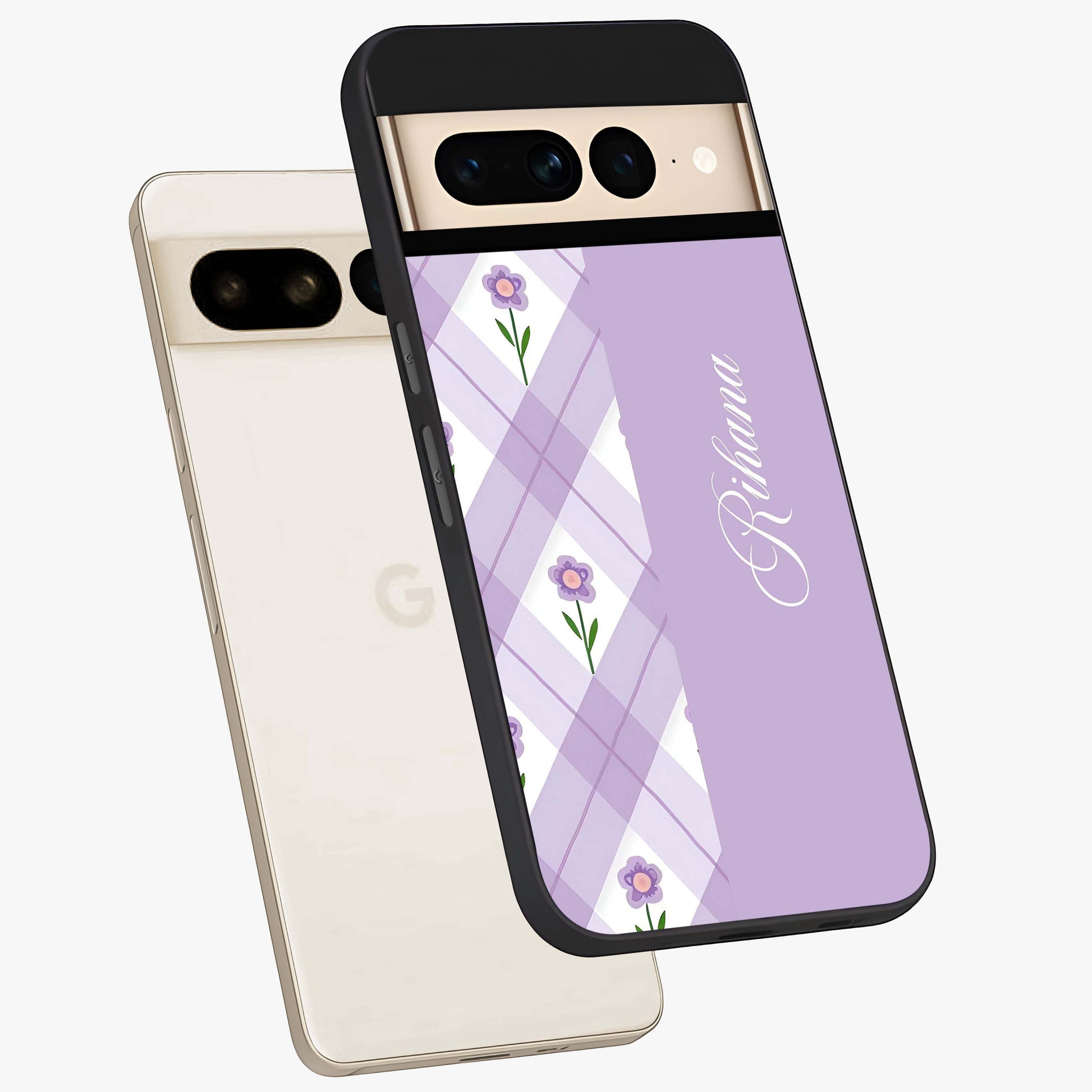 Purple Diamond Floral Glass Case displayed in angled mockup highlighting elegant purple flower design with decorative pattern.