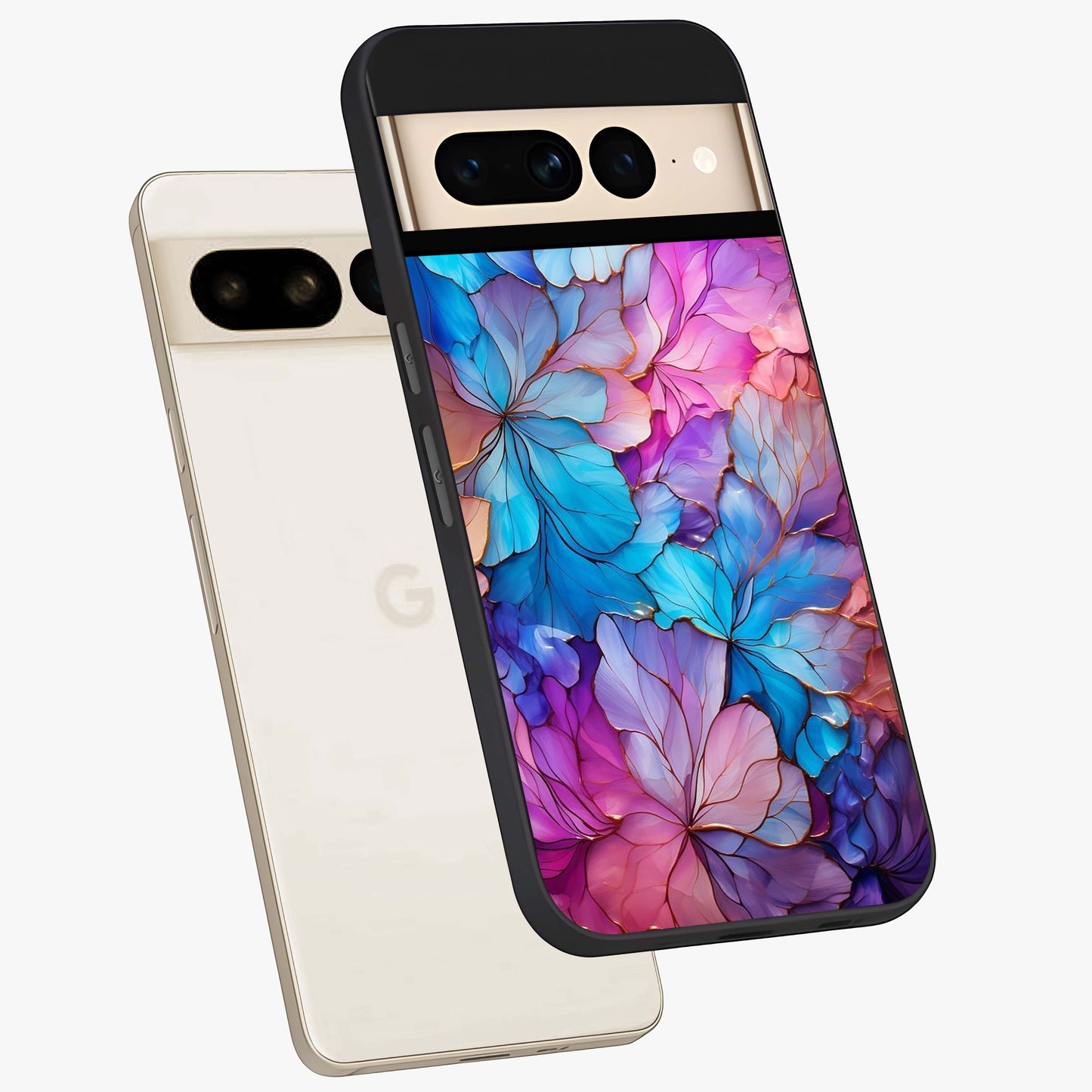 Radiant Floral Whirl Glass Case displayed in angled mockup highlighting vibrant flower pattern with dynamic artistic aesthetic.