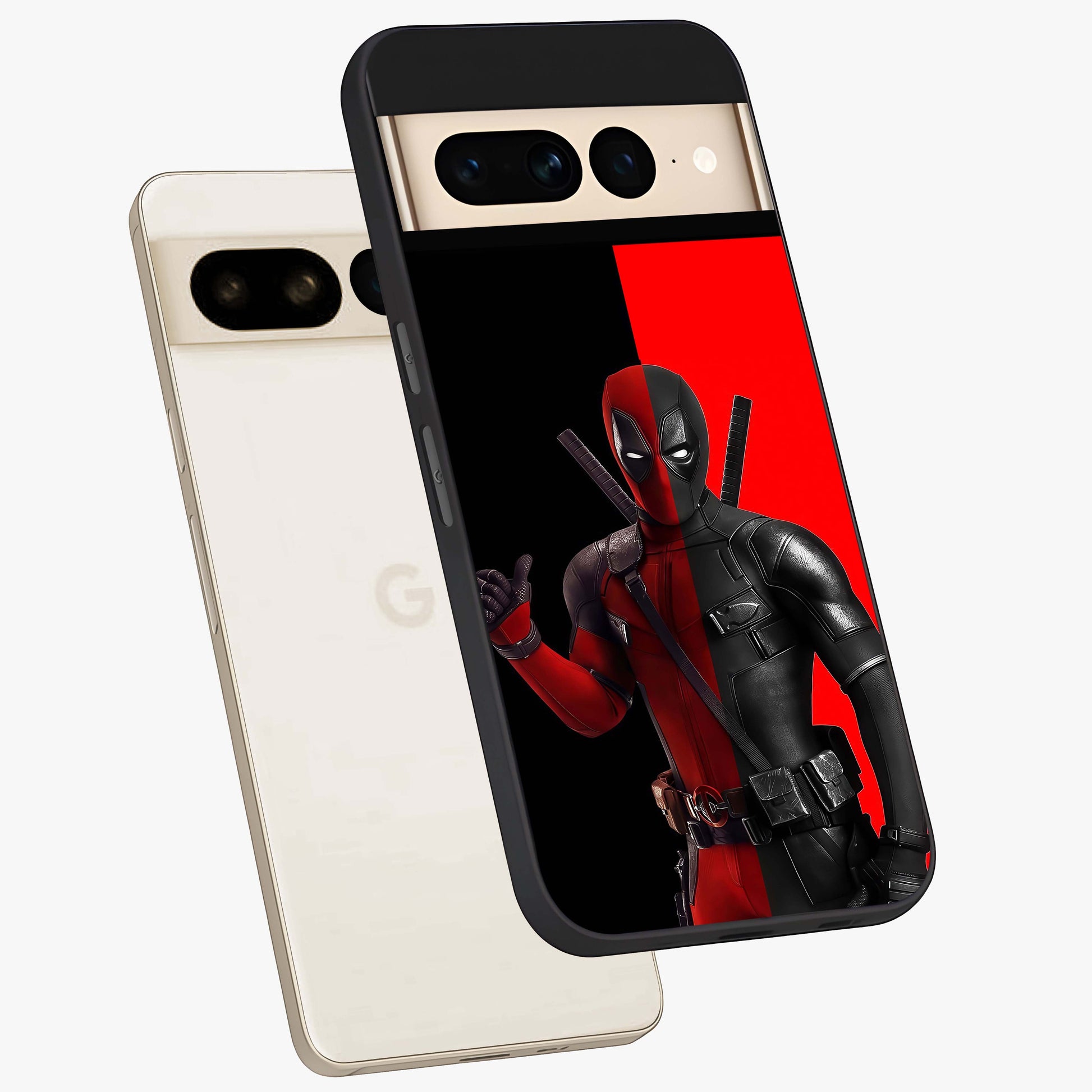 Red & Black Deadpool Theme Glass Case displayed in angled mockup highlighting vibrant superhero style illustration with action aesthetic.