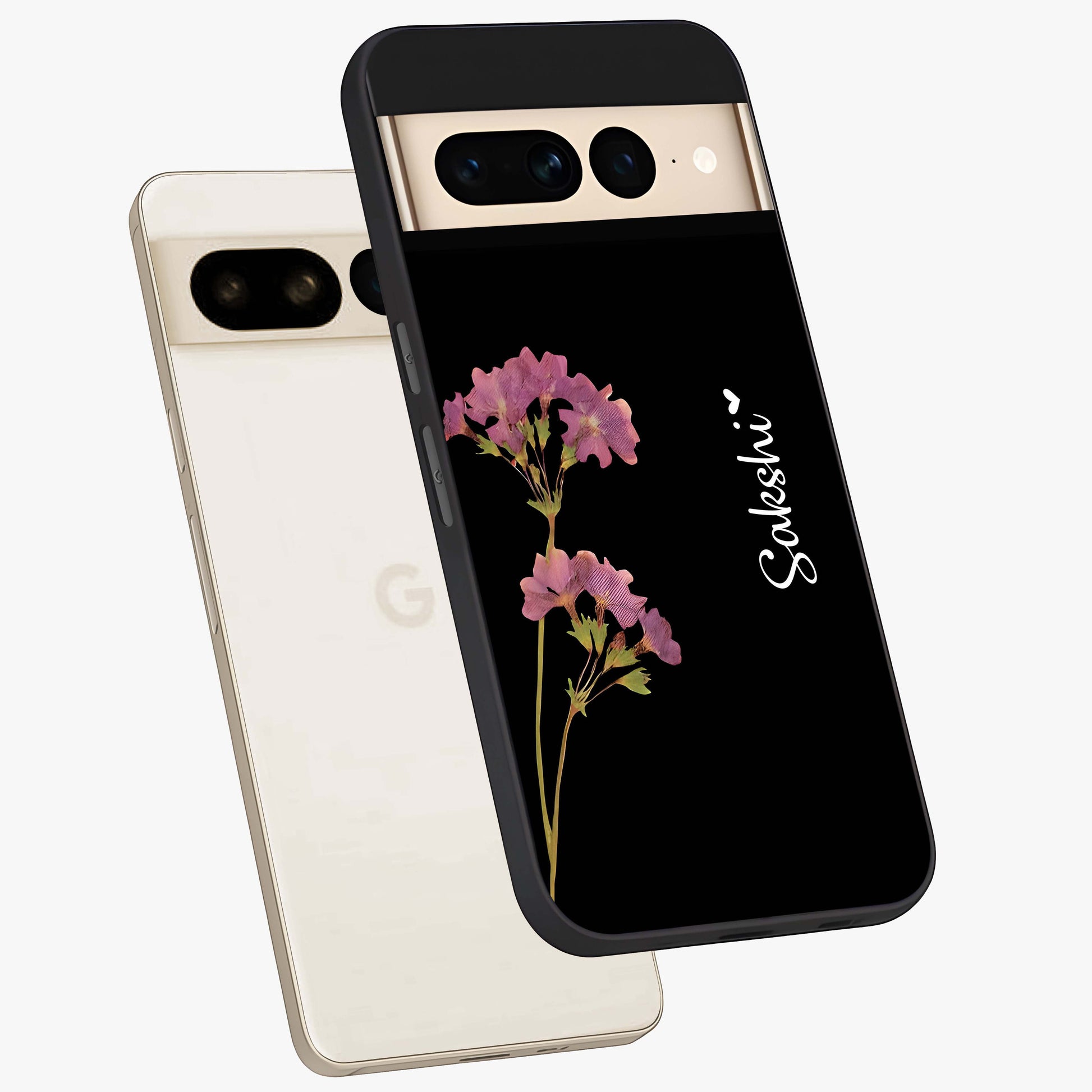 Riching Lavender Flower Custom Name Glass Case displayed in angled mockup highlighting delicate lavender flower design with custom name feature.