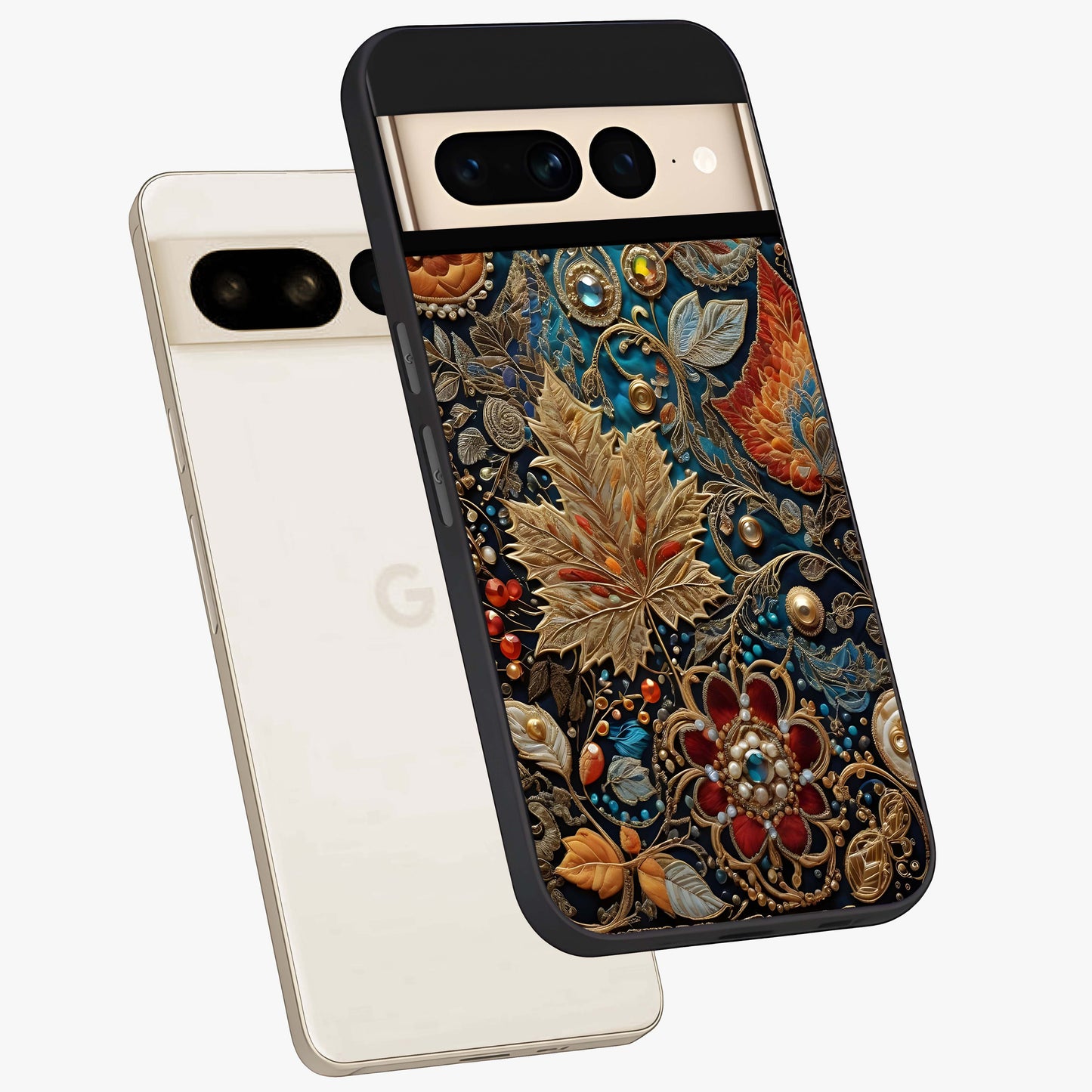 Royal Jewel Garden Glass Case displayed in angled mockup highlighting vibrant jewel inspired floral design with elegant aesthetic.