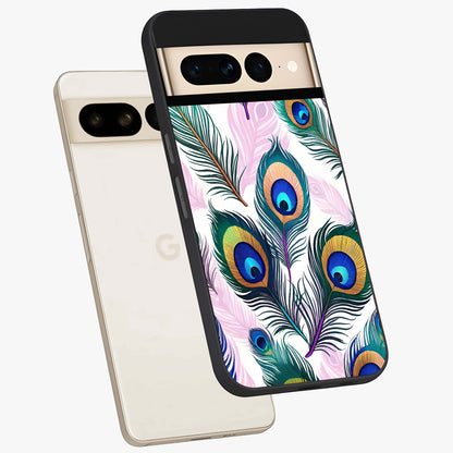 Royal Peacock Feathers Glass Case displayed in angled mockup highlighting vibrant feather pattern with regal aesthetic style.