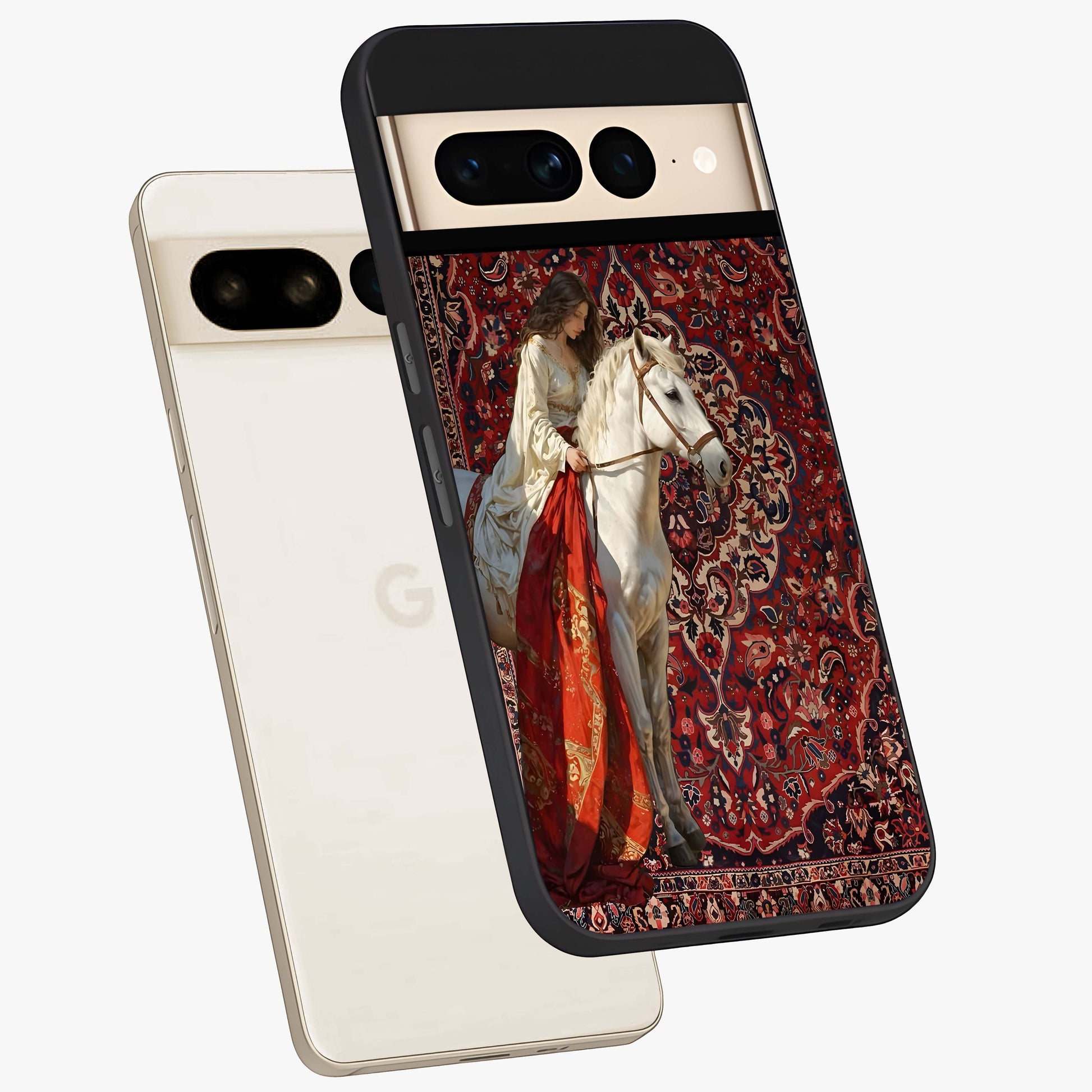 Royal Rider Tapestry Glass Case displayed in angled mockup highlighting traditional tapestry design with royal heritage aesthetic.