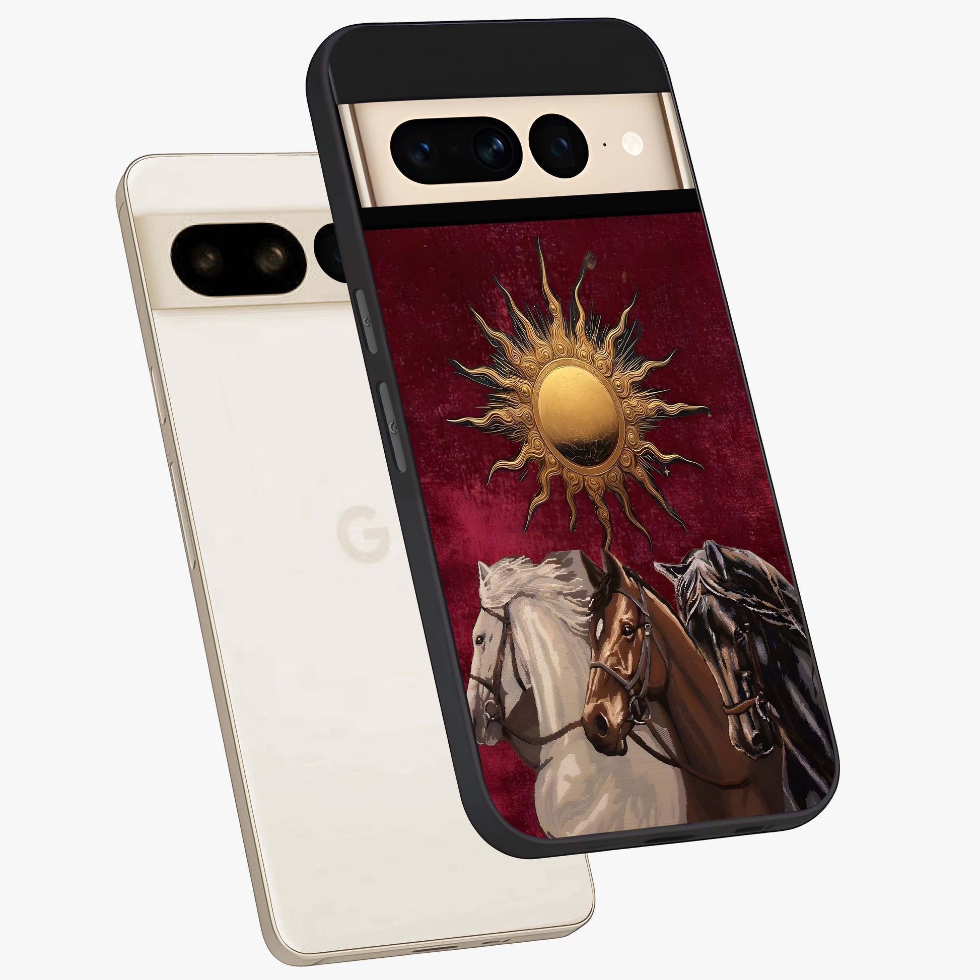 Solar Riders Glass Case displayed in angled mockup highlighting powerful rider illustration with radiant solar aesthetic.
