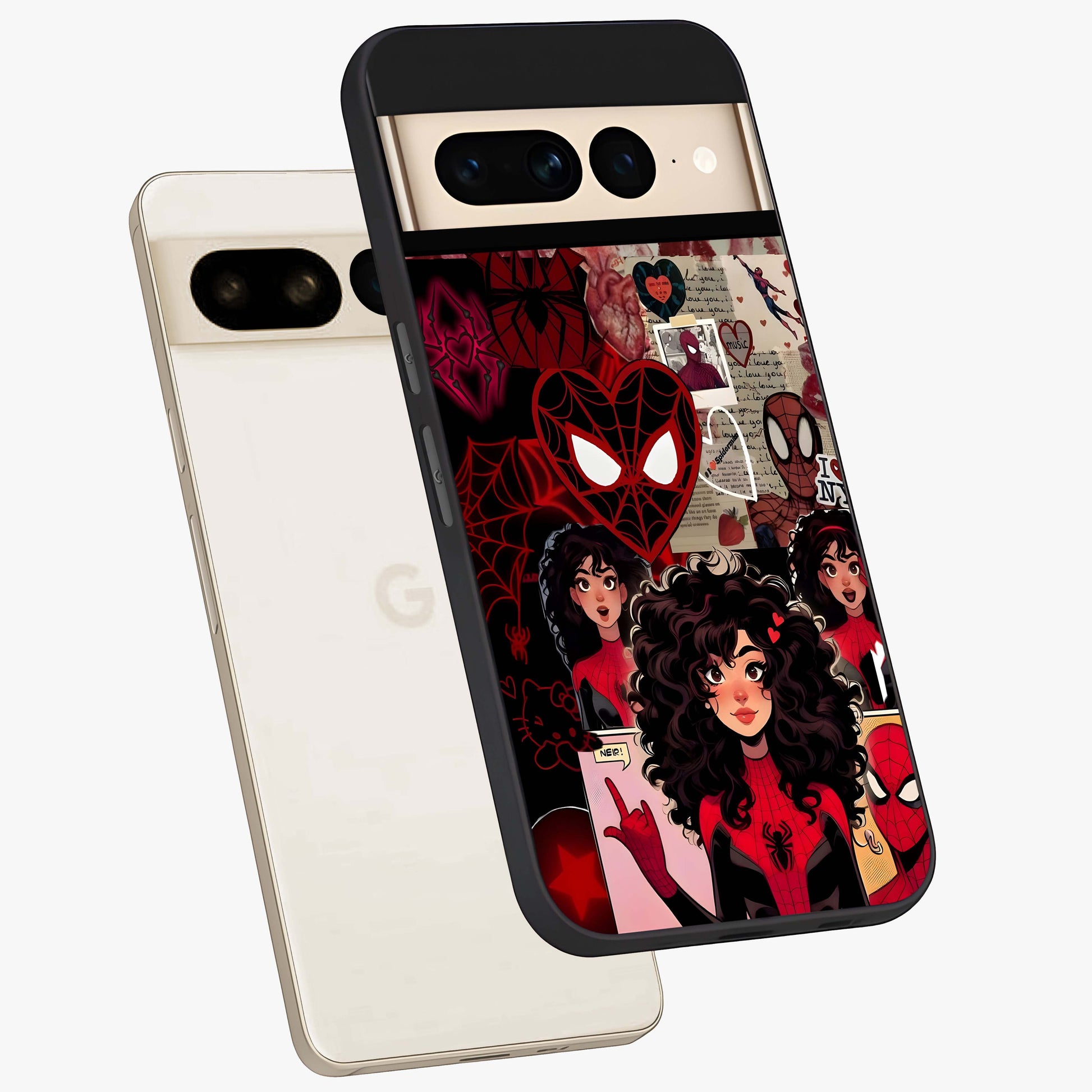 Spider Love Story Glass Case displayed in angled mockup highlighting expressive comic inspired design with playful aesthetic.