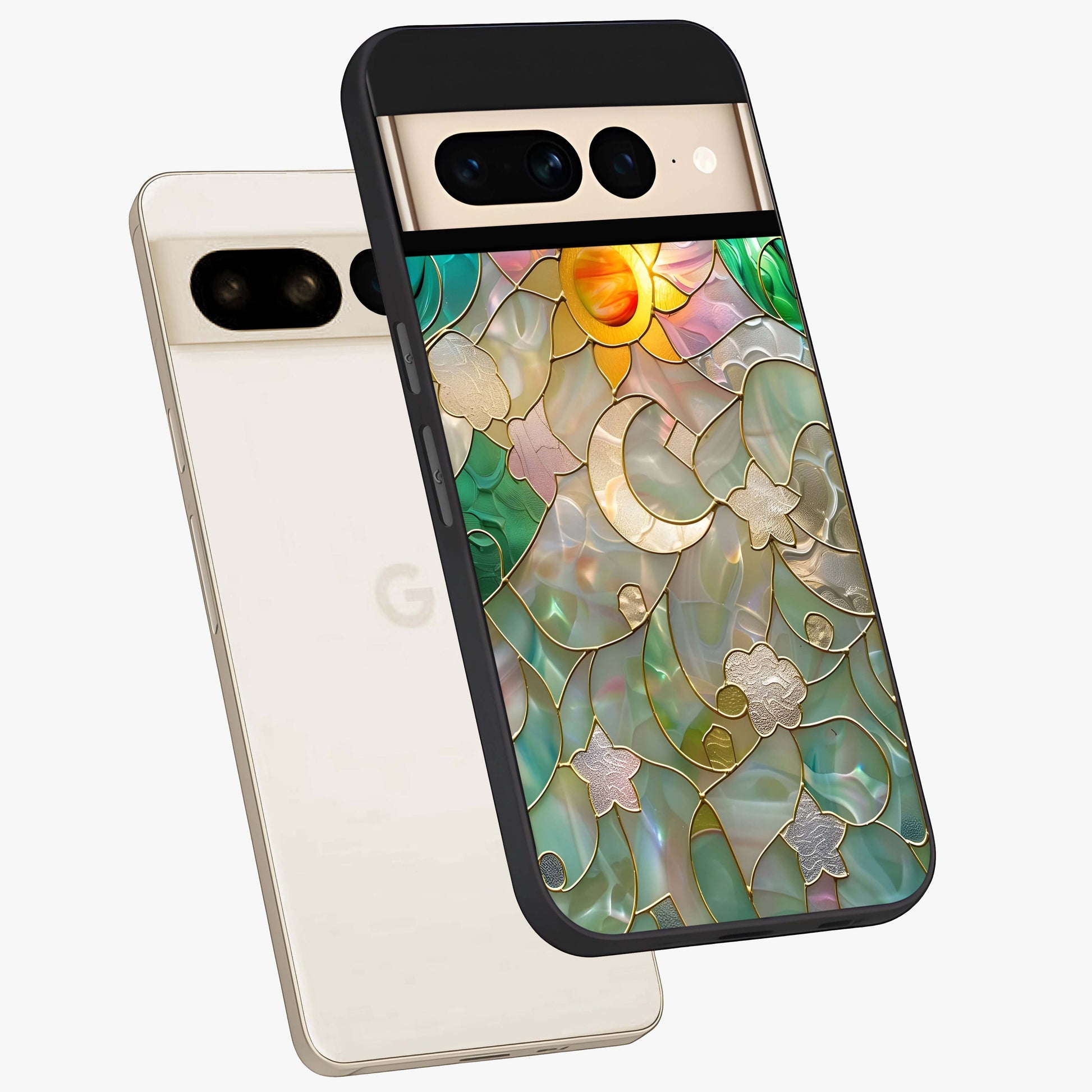 Stained Sunrise Glow Glass Case displayed in angled mockup highlighting radiant sunrise design with artistic aesthetic style.