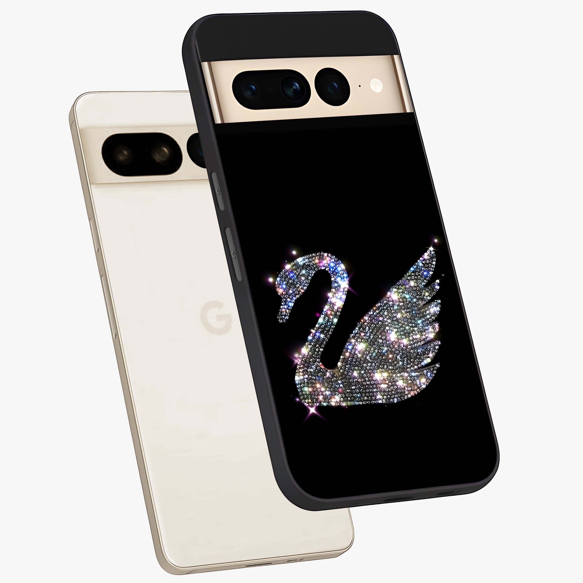 Starlit Swan Grace Glass Case displayed in angled mockup highlighting elegant swan illustration with dreamy celestial aesthetic.